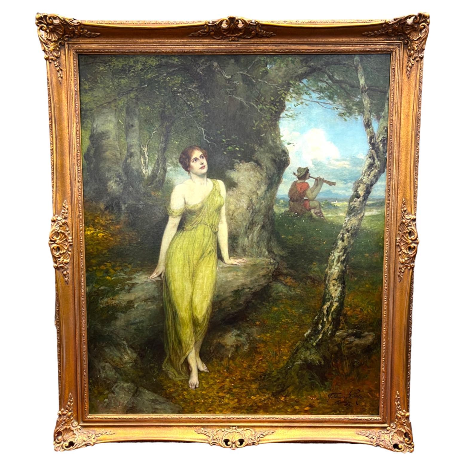 "Listening Wood Nymph" Oil on Canvas After Ferdinand Leeke (1859–1923) For Sale