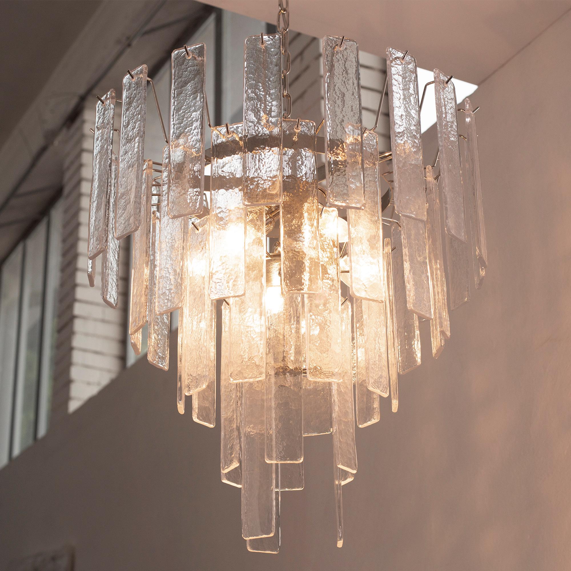 Contemporary Pendant Lamp in Murano Glass, clear listelli chandelier, Italy For Sale