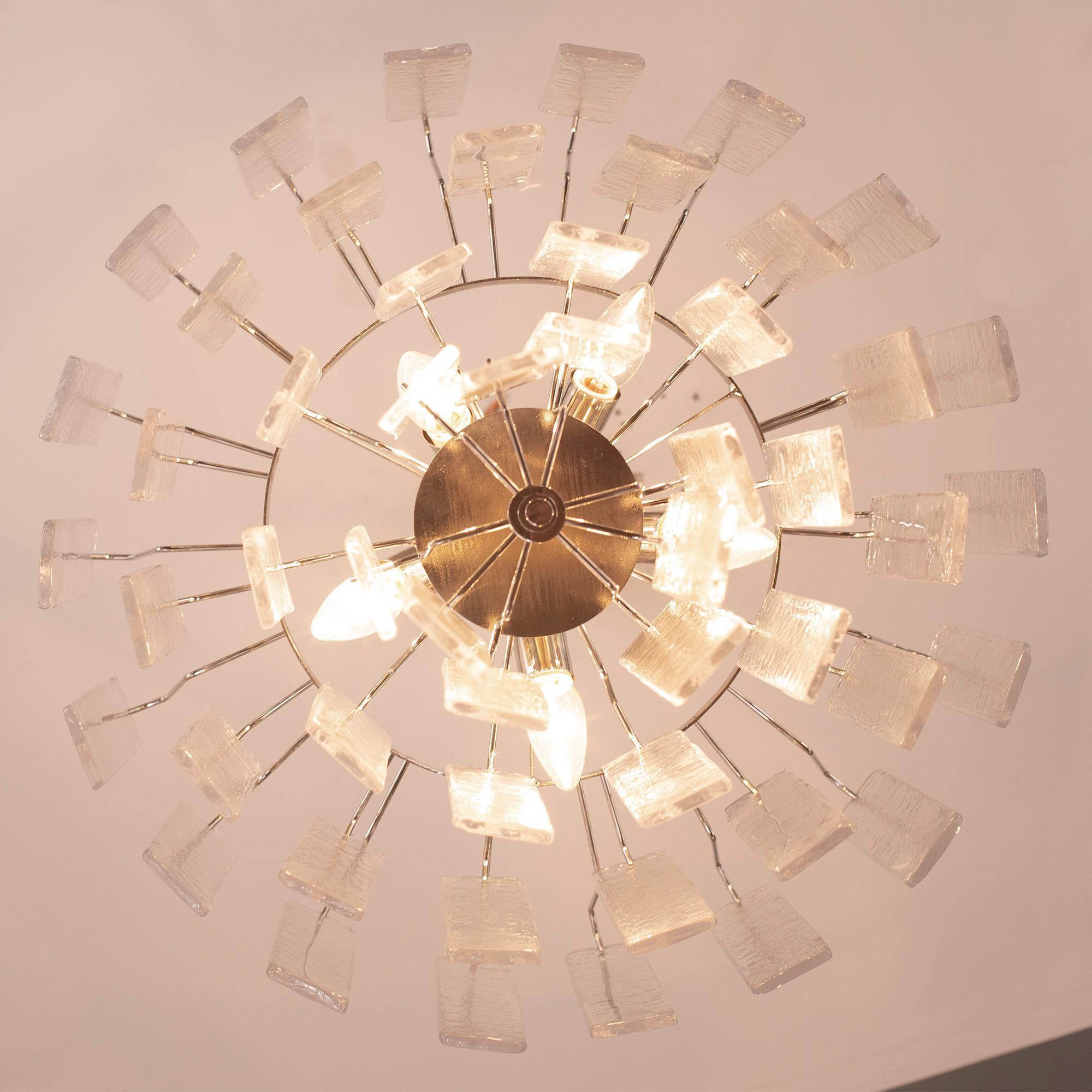 Brass Pendant Lamp in Murano Glass, clear listelli chandelier, Italy For Sale