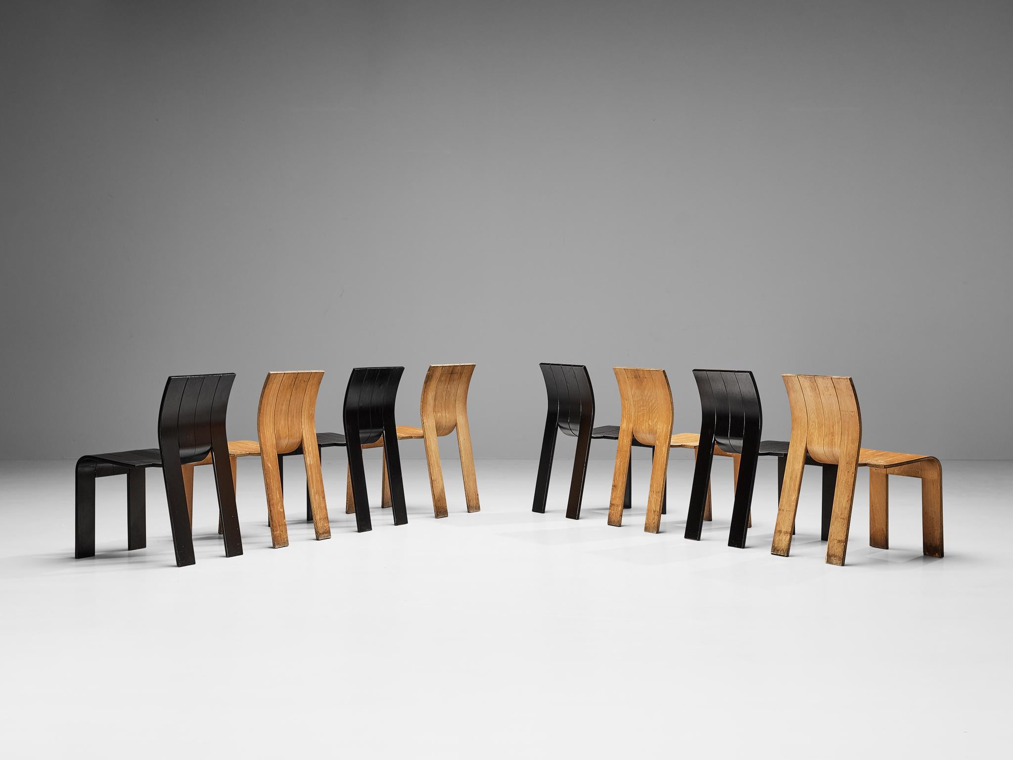 Gijs Bakker for Castelijn, set of ten 'Strip' dining chairs, different colors, beech, The Netherlands, design 1974

- 10 x Gijs Bakker 'Strip chairs at $1150 each. Total: $11,500
- 2 x Gijs Bakker 'Strip chairs with arms $1750
- Alternations: $2,670
