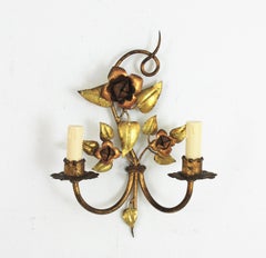 Listing for S: French Foliage Floral Wall Sconce, Polychrome Gilt Iron, 1940s