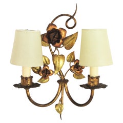 Listing for S: French Foliage Floral Wall Sconce, Polychrome Gilt Iron, 1940s