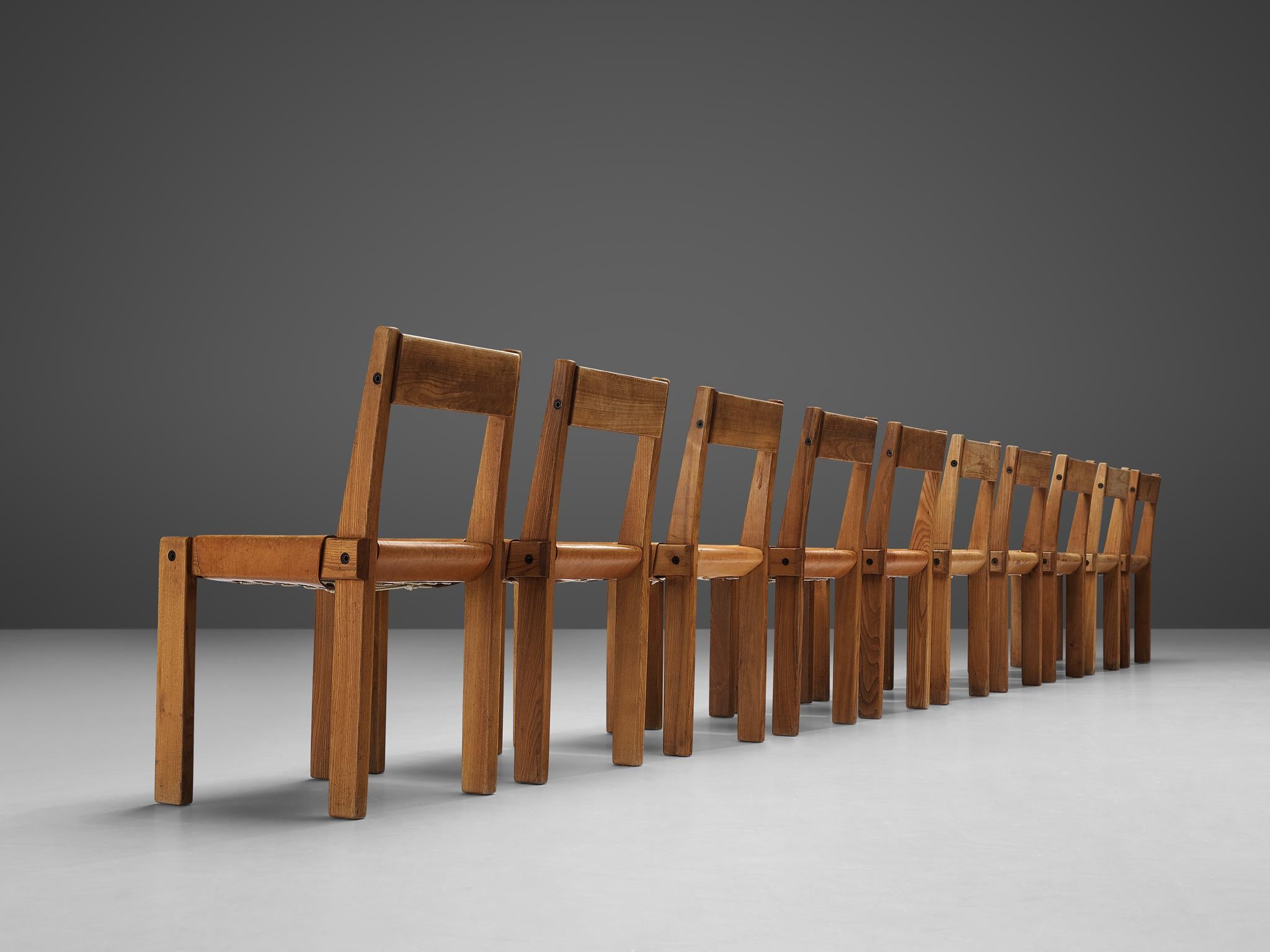 Listing for T: Eight Pierre Chapo 'S24' Chairs in Solid Elm and Cognac Leather 5