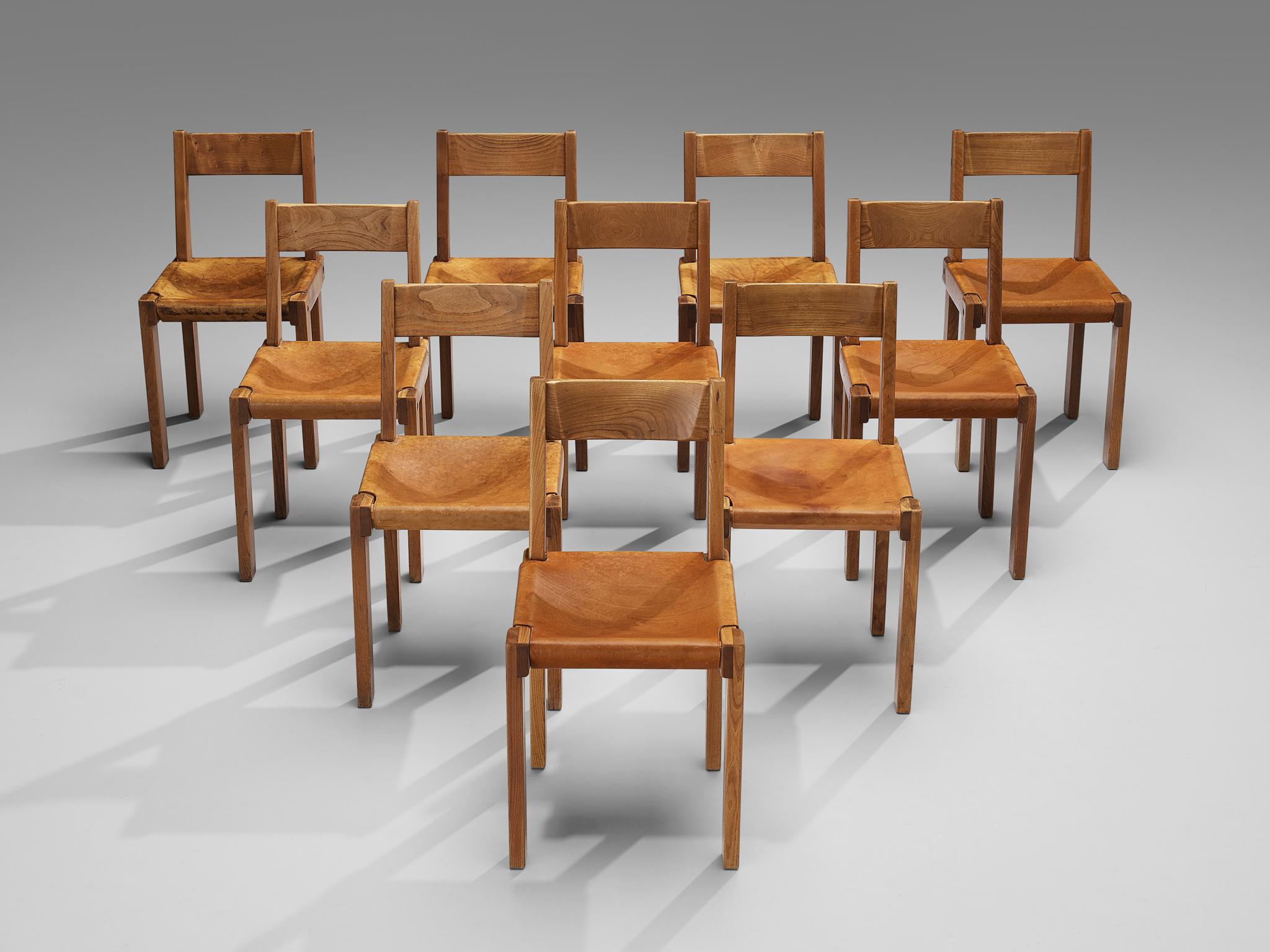 Pierre Chapo, set of 8 dining chairs, model S24, elm and leather, France, circa 1966

A set of 8 chairs in solid elmwood with saddle leather seating and back. Designed by French designer Pierre Chapo in Paris. These chairs have a cubic design of