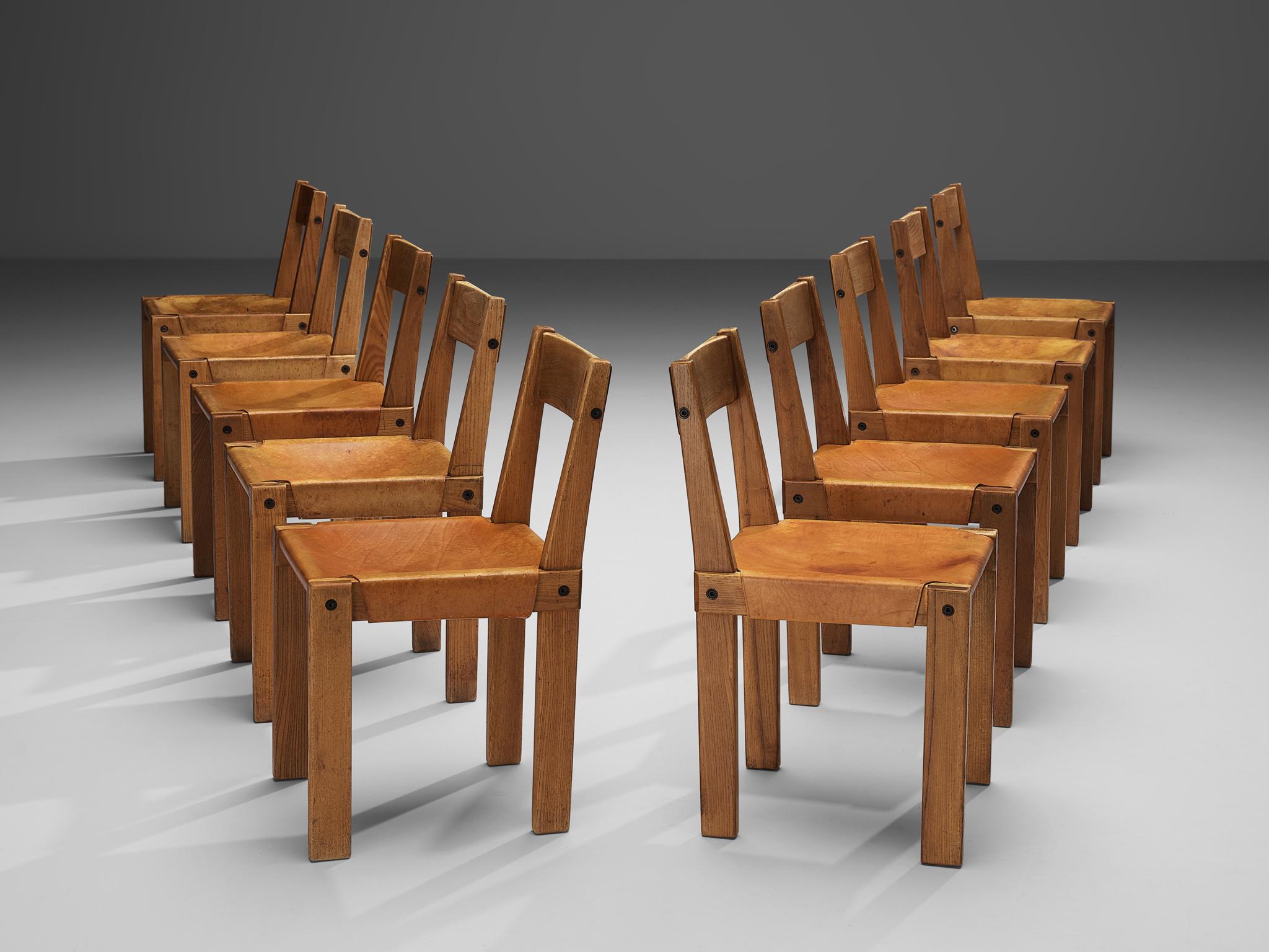 Listing for T: Eight Pierre Chapo 'S24' Chairs in Solid Elm and Cognac Leather 1