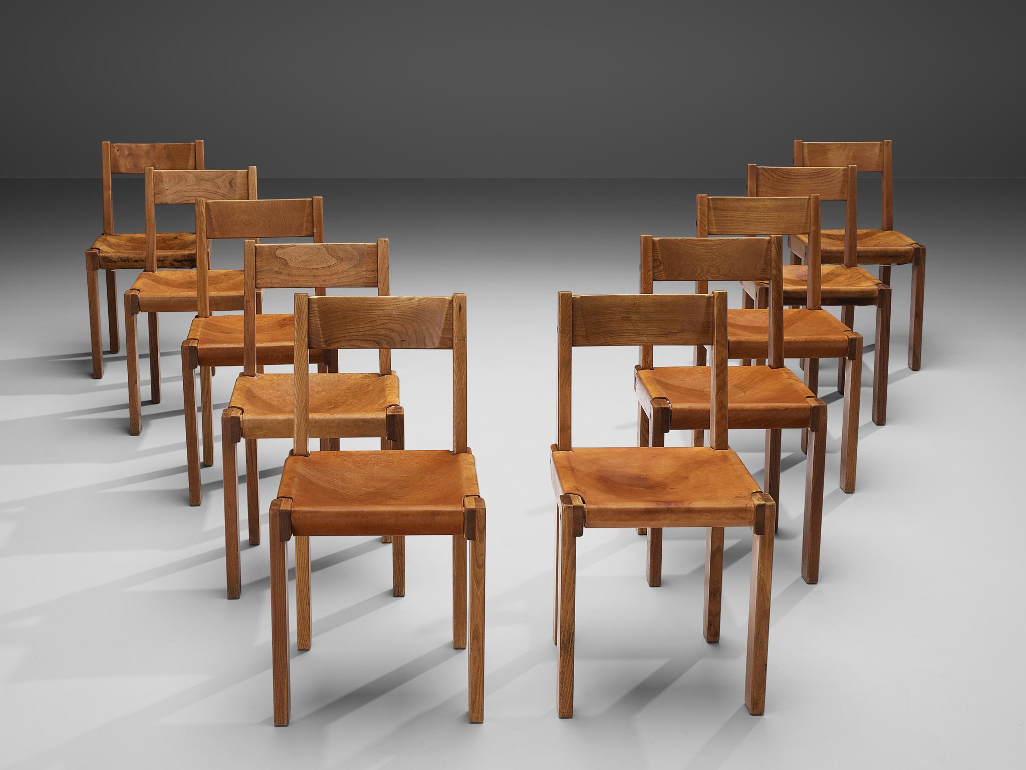Listing for T: Eight Pierre Chapo 'S24' Chairs in Solid Elm and Cognac Leather 3