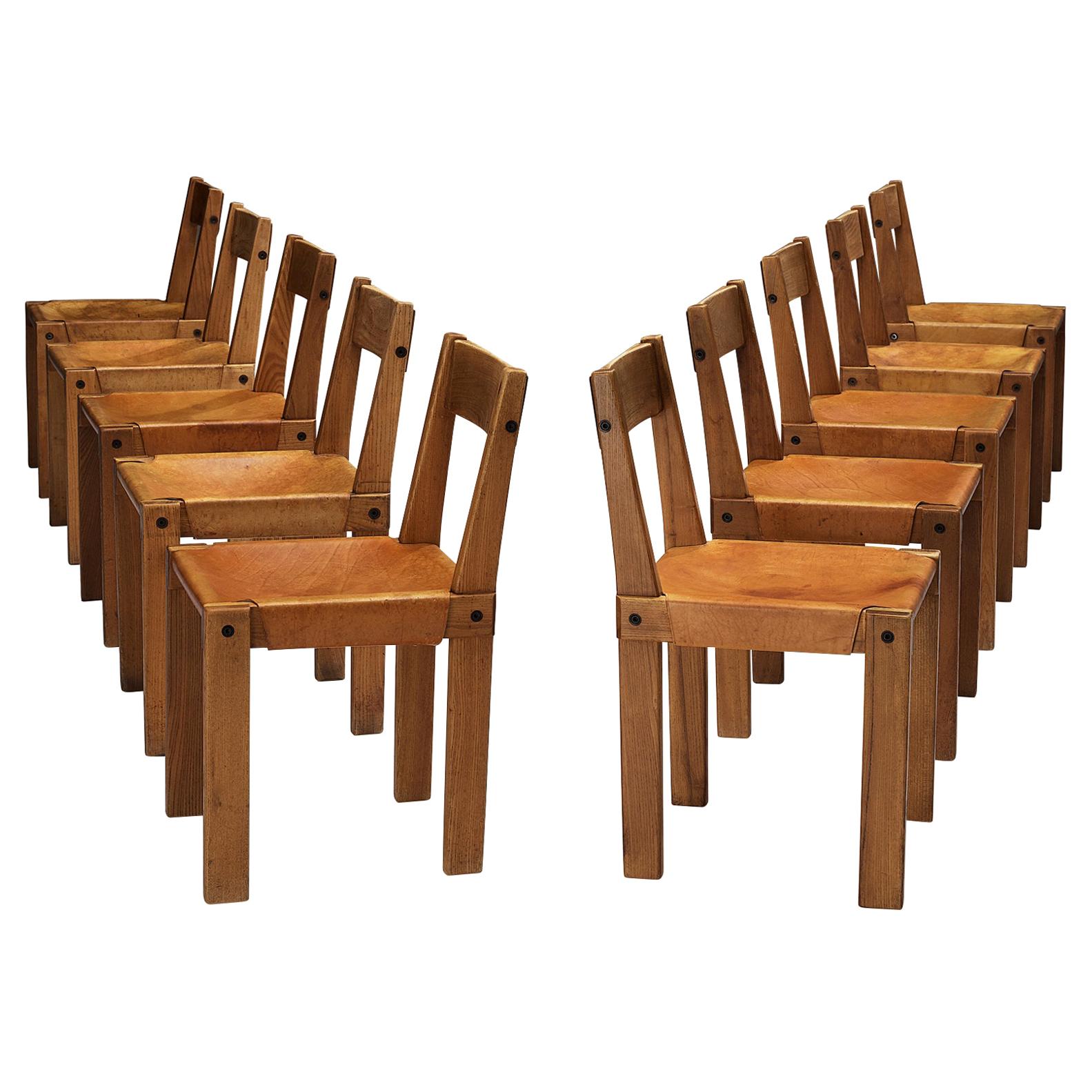 Listing for T: Eight Pierre Chapo 'S24' Chairs in Solid Elm and Cognac Leather