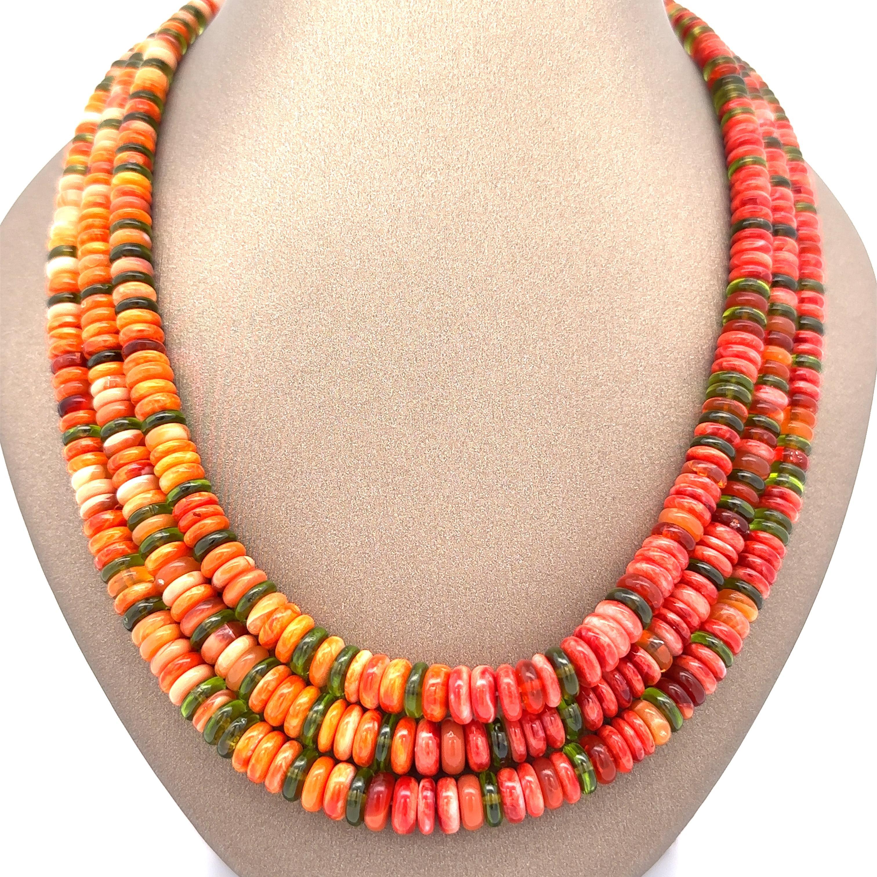 Lita Atencio Collier à 3 rangées de disques rondelles d'huître en or 14 carats, corail, tourmaline et tourmaline spiny Pour femmes en vente