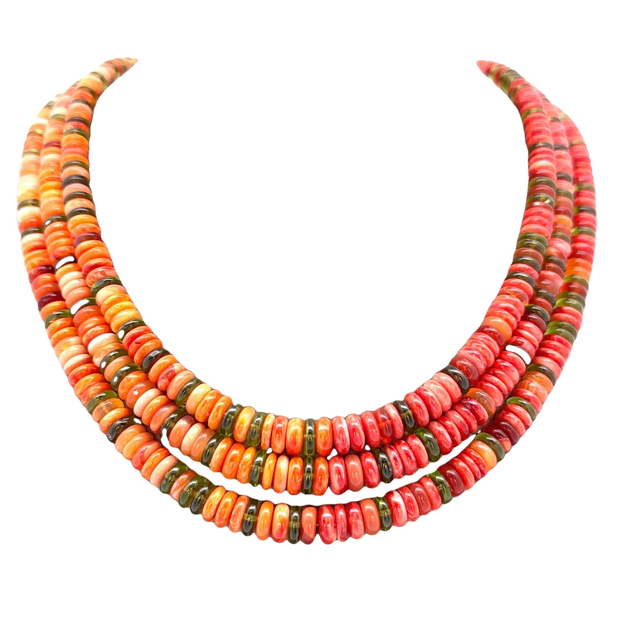 Lita Atencio Collier à 3 rangées de disques rondelles d'huître en or 14 carats, corail, tourmaline et tourmaline spiny en vente 1