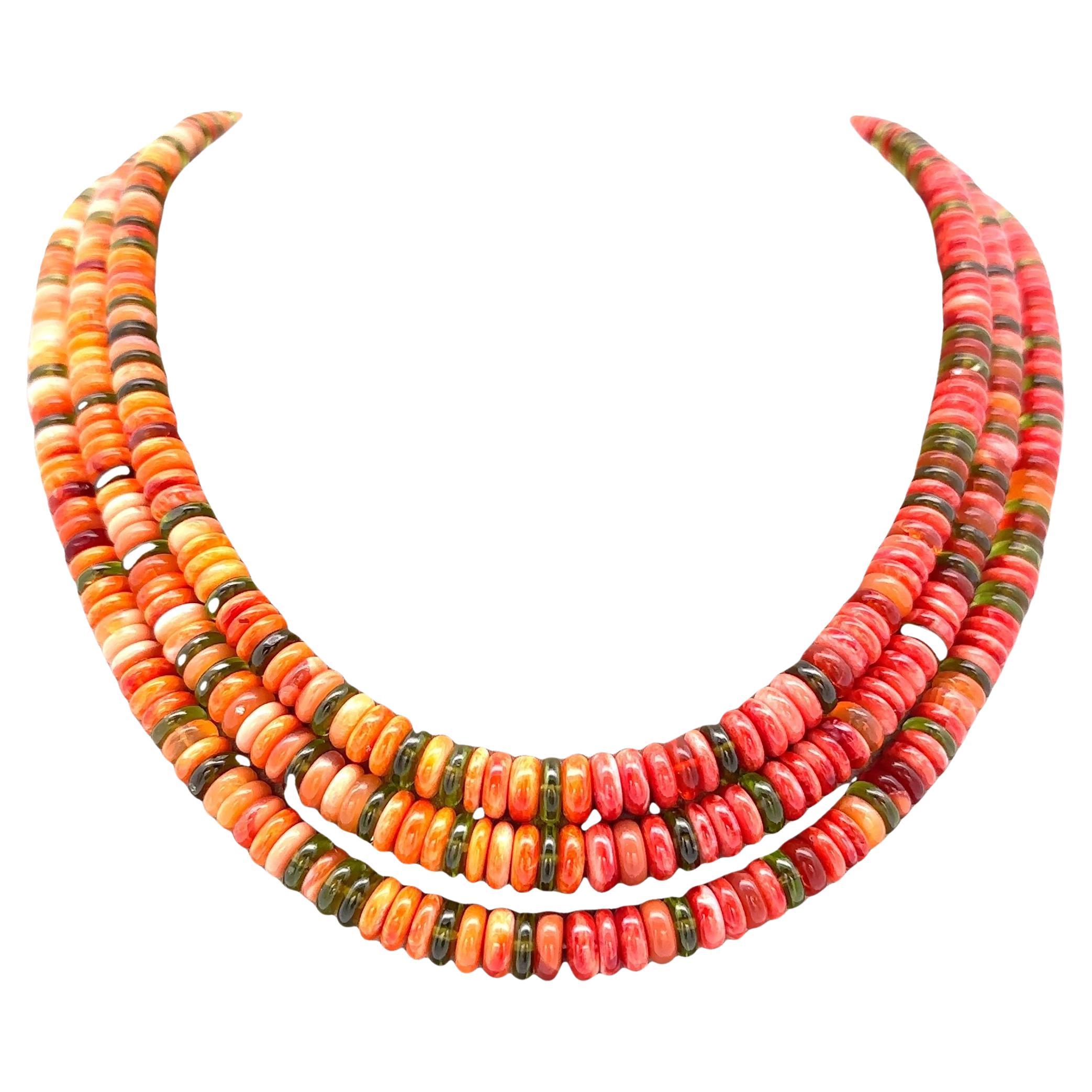 Lita Atencio Collier à 3 rangées de disques rondelles d'huître en or 14 carats, corail, tourmaline et tourmaline spiny en vente