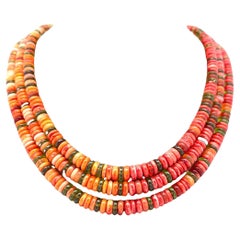 Lita Atencio 14k Gold Coral Tourmaline Spiny Oyster Rondelle Disc 3 Row Necklace