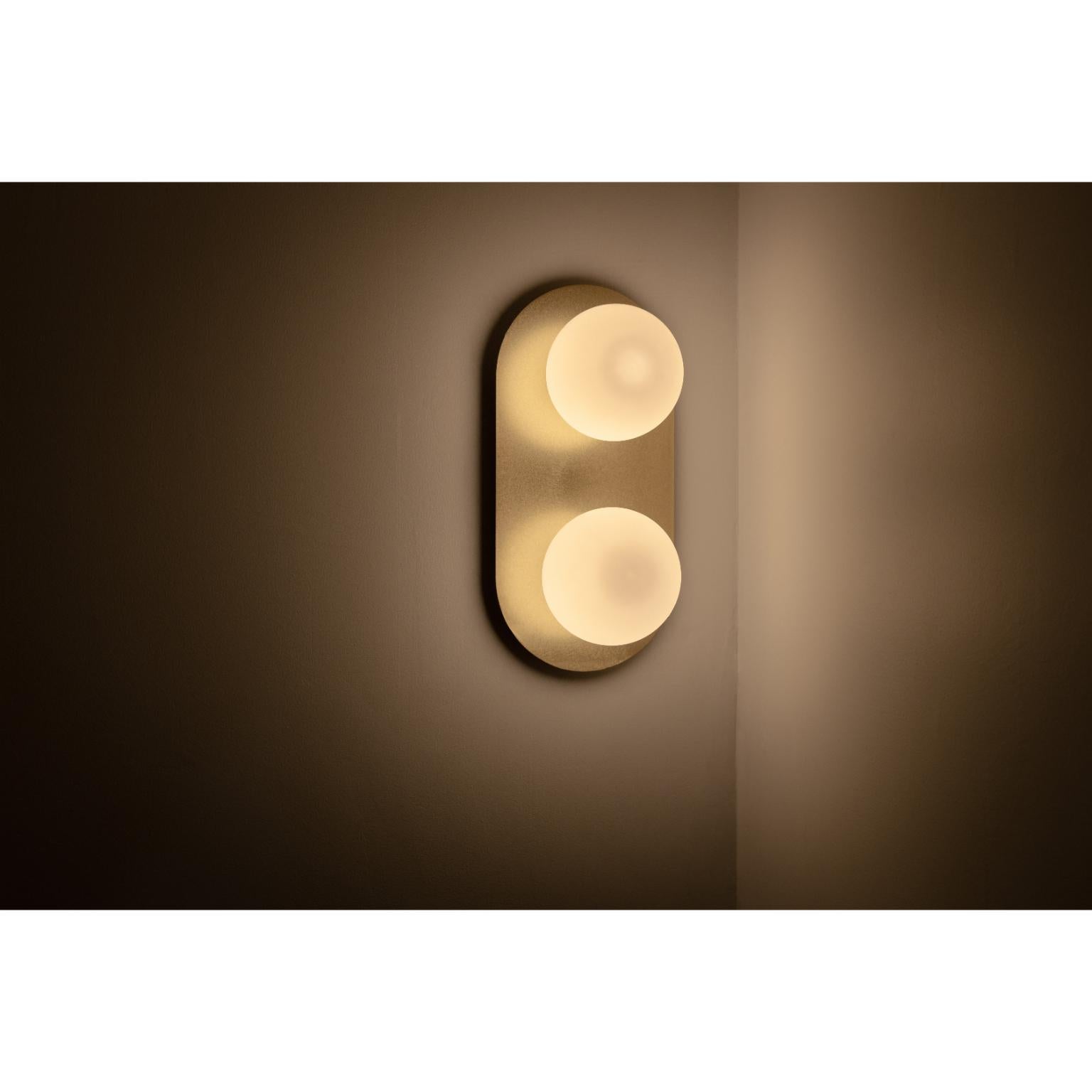Mexican Lita Double Wall Sconce in Brushed Brass with Opaline Glass Spheres by Nuumbra For Sale