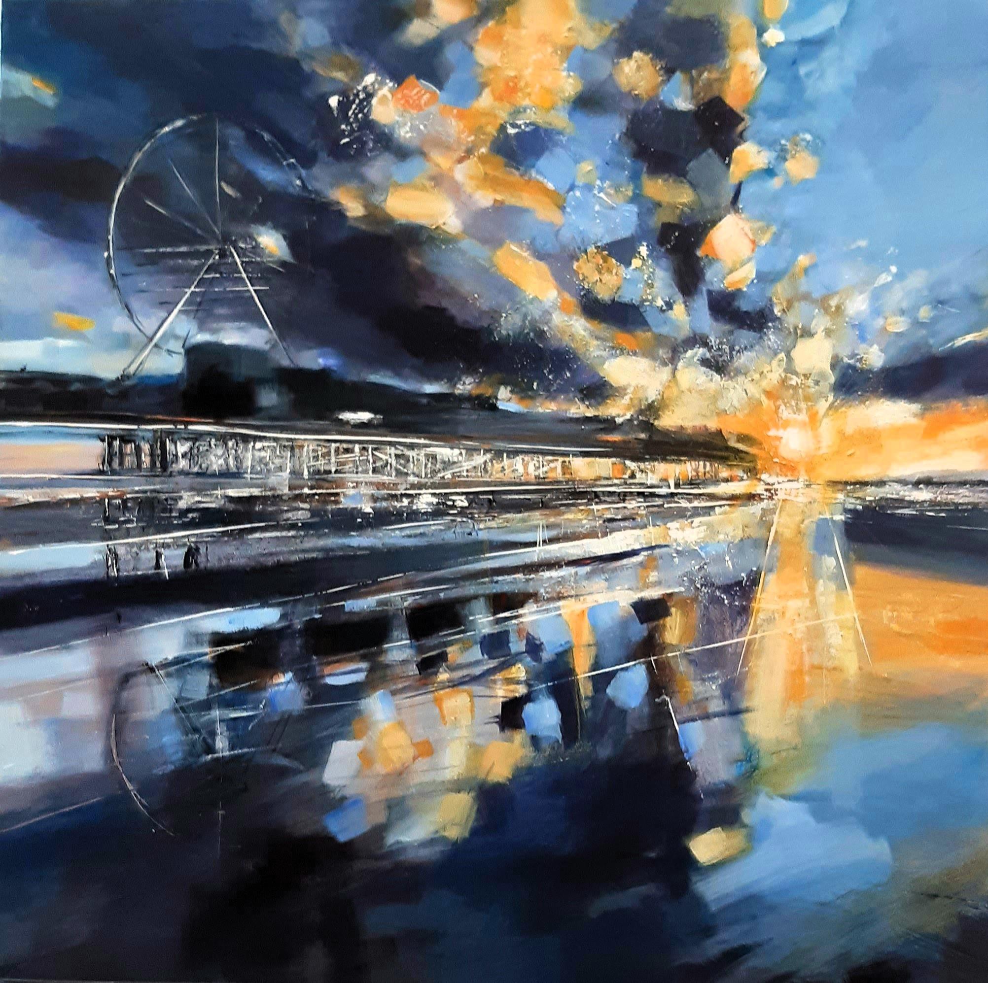Central Pier Blackpool by Lita Narayan A large original painting of the central pier on Blackpool's golden mile, 91.4cm square, acrylic on deep stretched canvas. Sold unframed but ready to hang. A striking piece in blues and orange and light, to