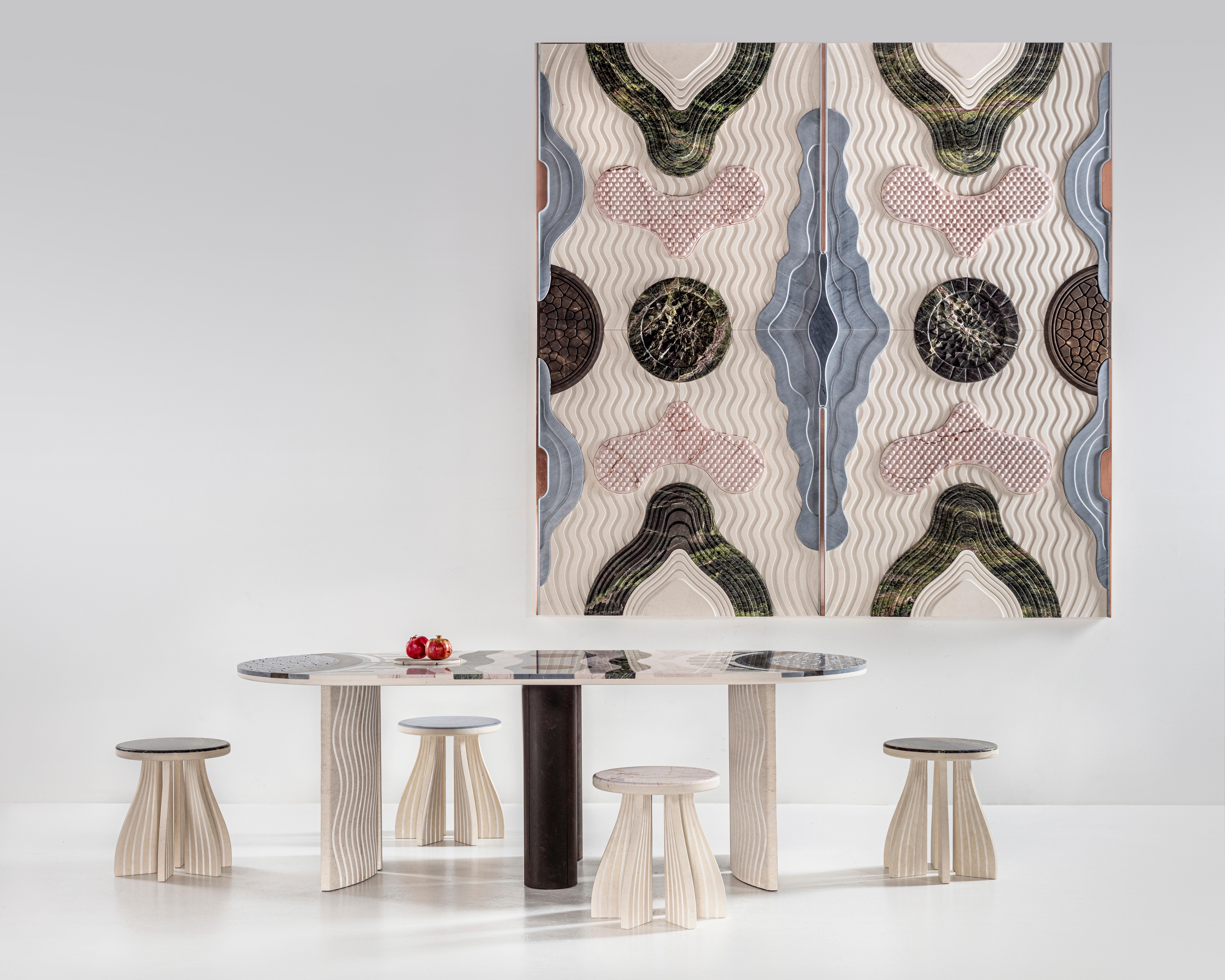 This table, features an elegant top with rounded edges, resembling the colours and shape of the famous lake which came from a volcanic crater. From the central part to the outside edges the design reflects the connection between land and volcanic