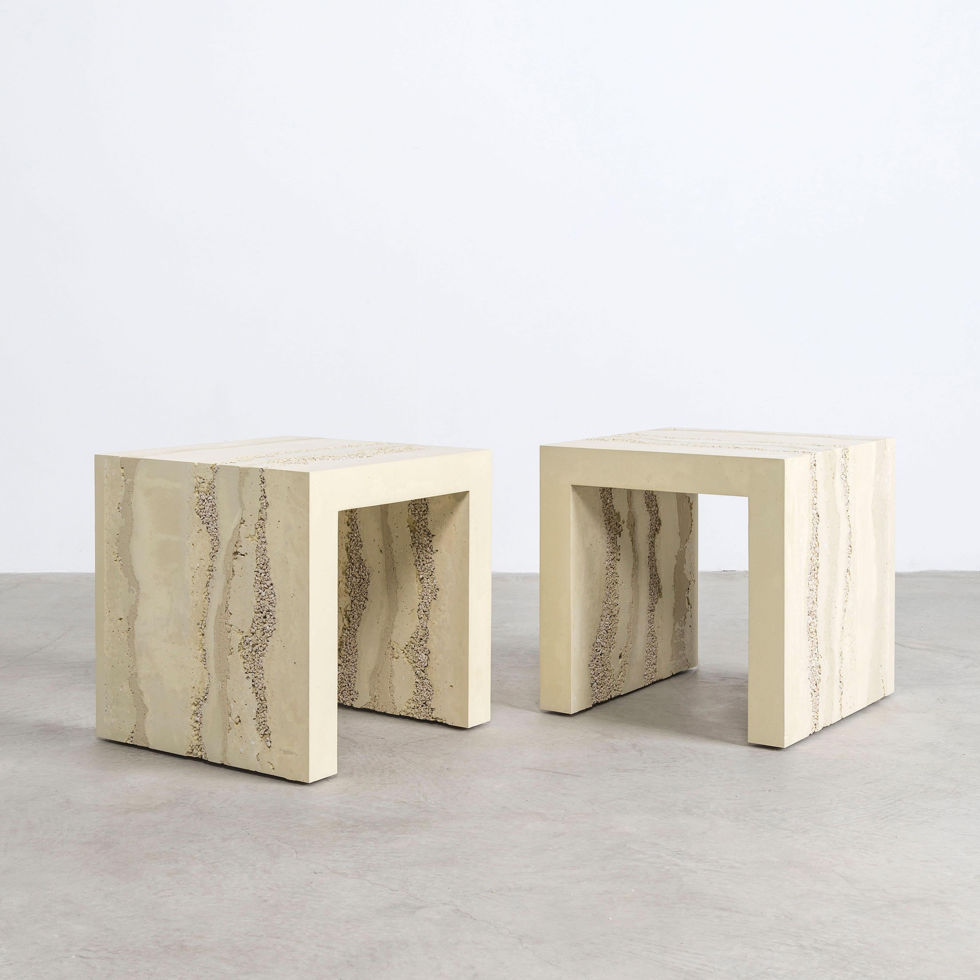 Lithic Side Table, Cream Cement, Porcelain and Tan Sand by Fernando Mastrangelo For Sale 4