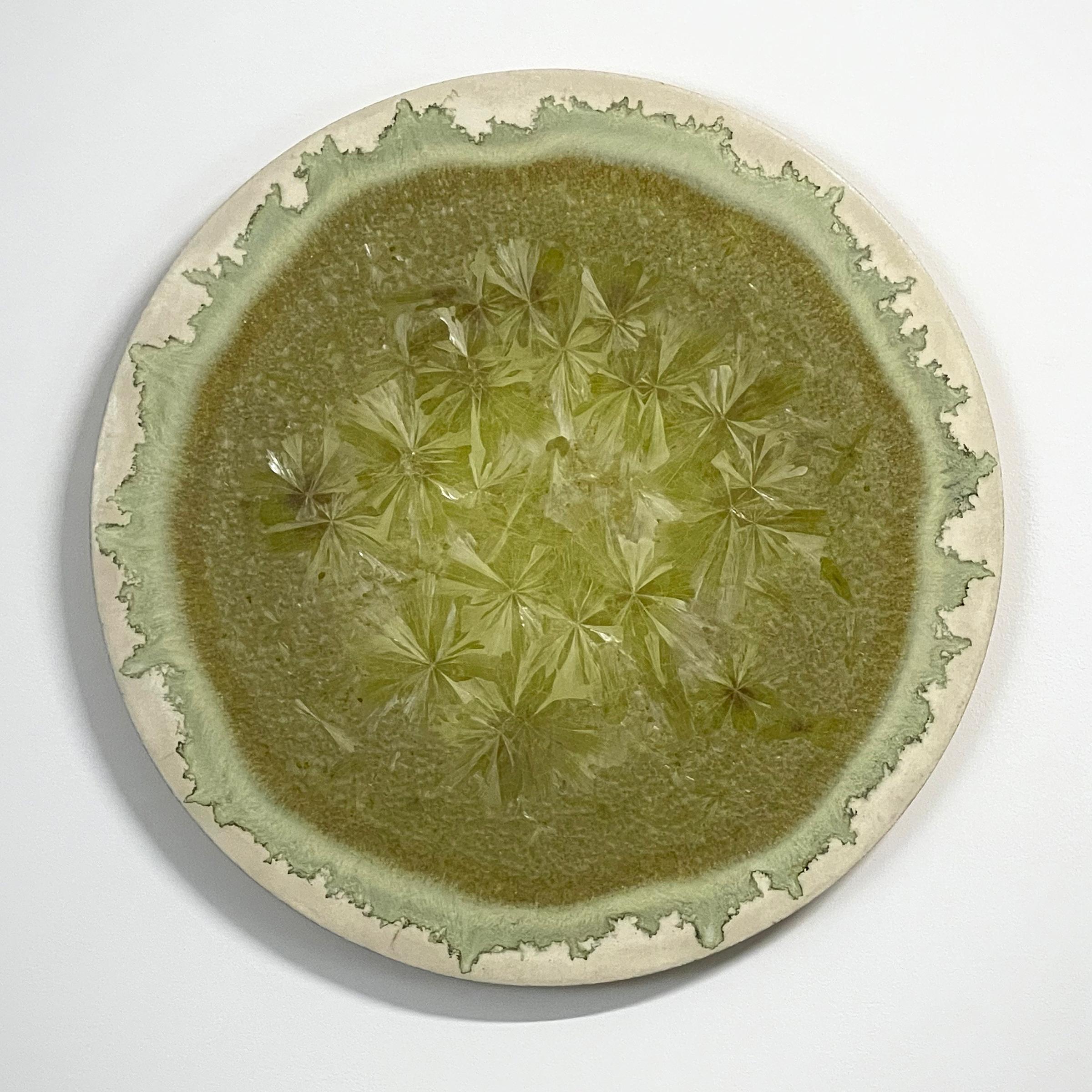 Lithium Crystal Bloom
Ceramic glaze painting by William Edwards
Hand rolled earthenware circular slab with crystalline glaze. 

William received his BFA in sculpture from the historic San Francisco Art Institute and his MFA from UC Davis. William
