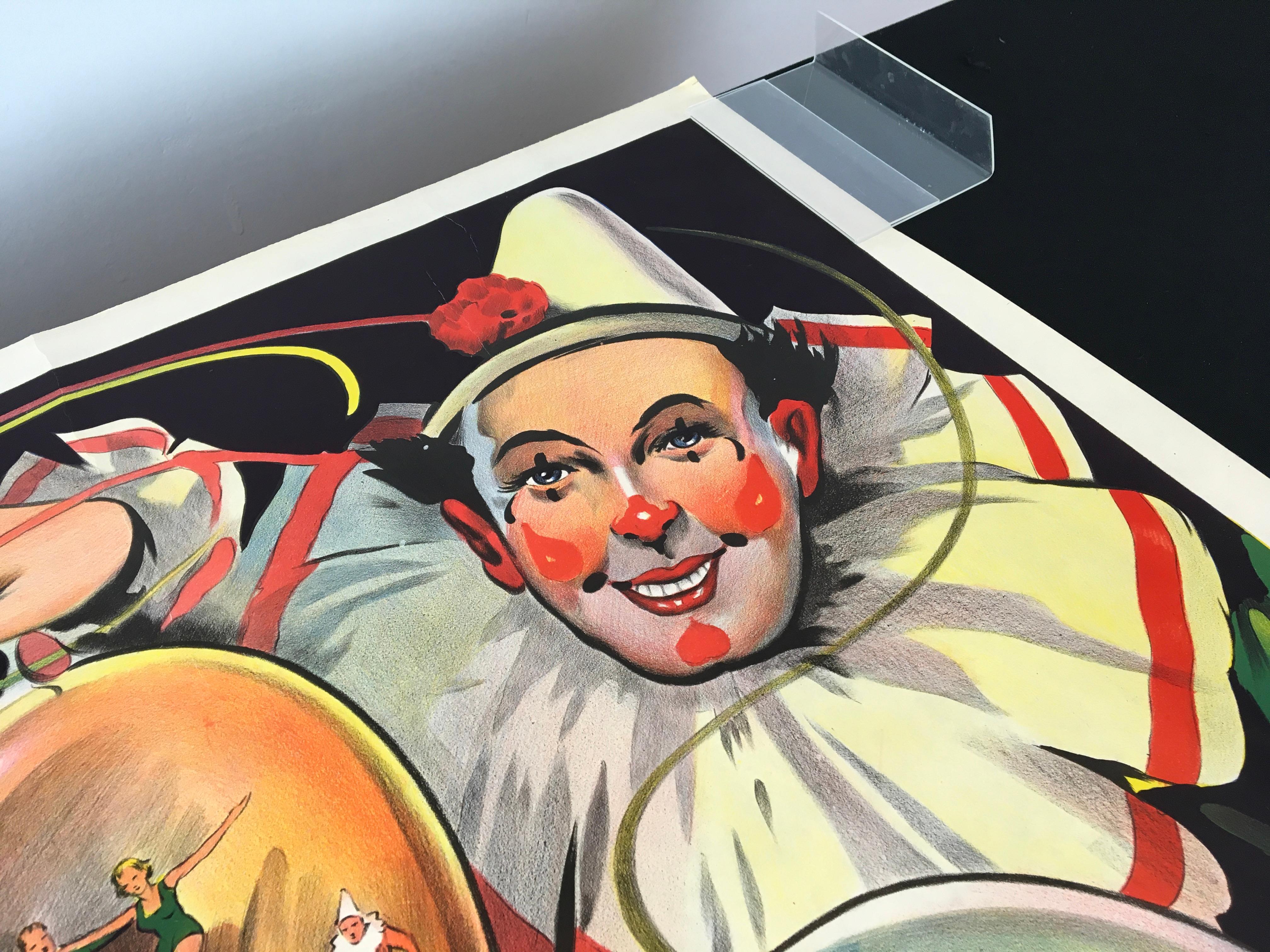 Art Deco Litho Circus Poster, Clown and Circus Scenes, Willsons Leicester For Sale