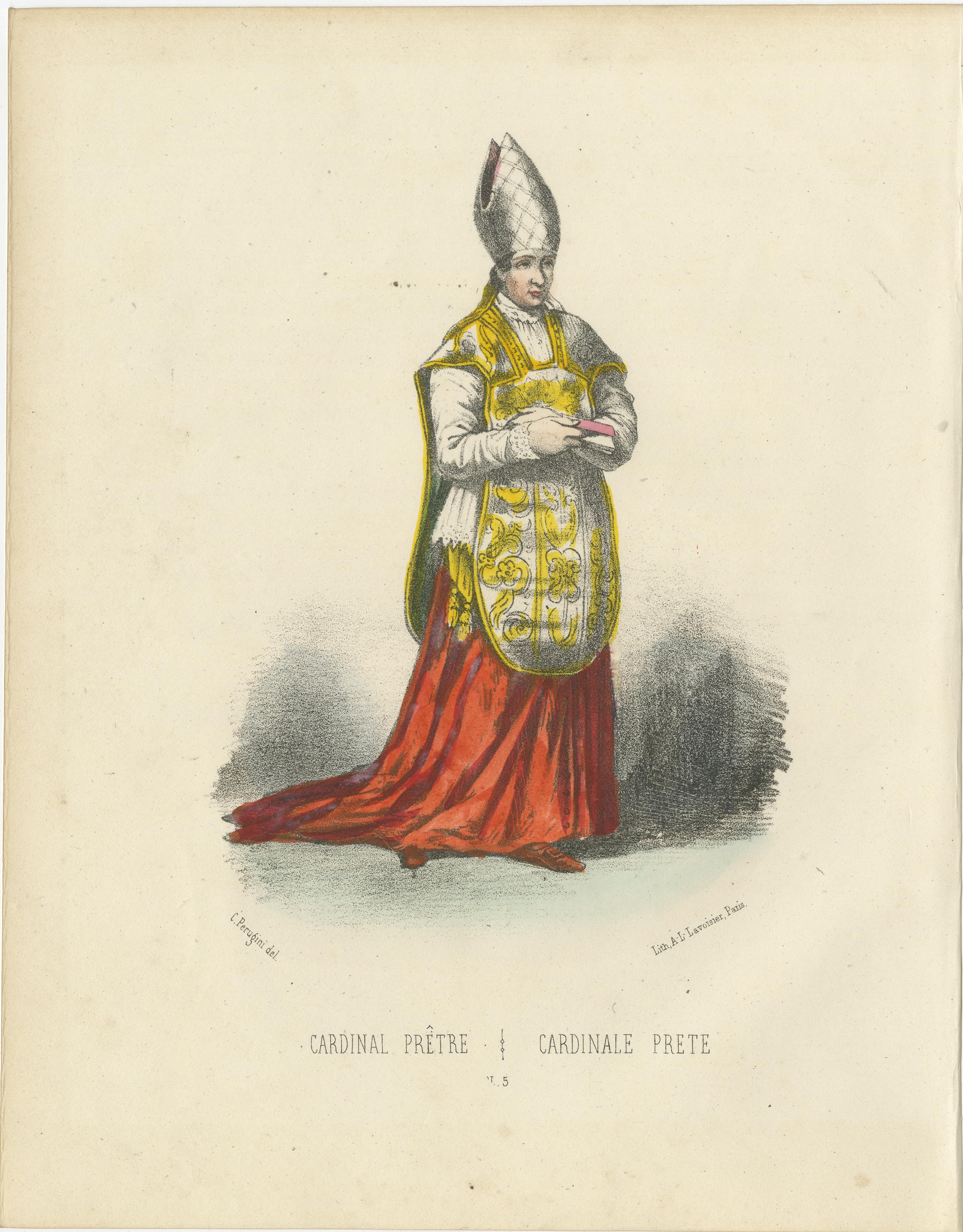 Cardinal Prêtre (Cardinal Priest), Plate 5, 1862  

This beautifully handcolored lithograph, *Cardinal Prêtre* (Cardinal Priest), Plate 5 from *Album ou Collection Complète, et Historique des Costumes de la Cour de Rome* by G. Perugini, features a