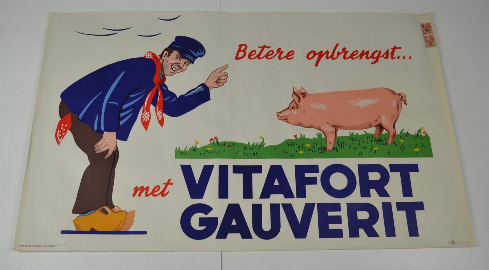 Belgian Litho Poster with farmer and pig, 1950s For Sale