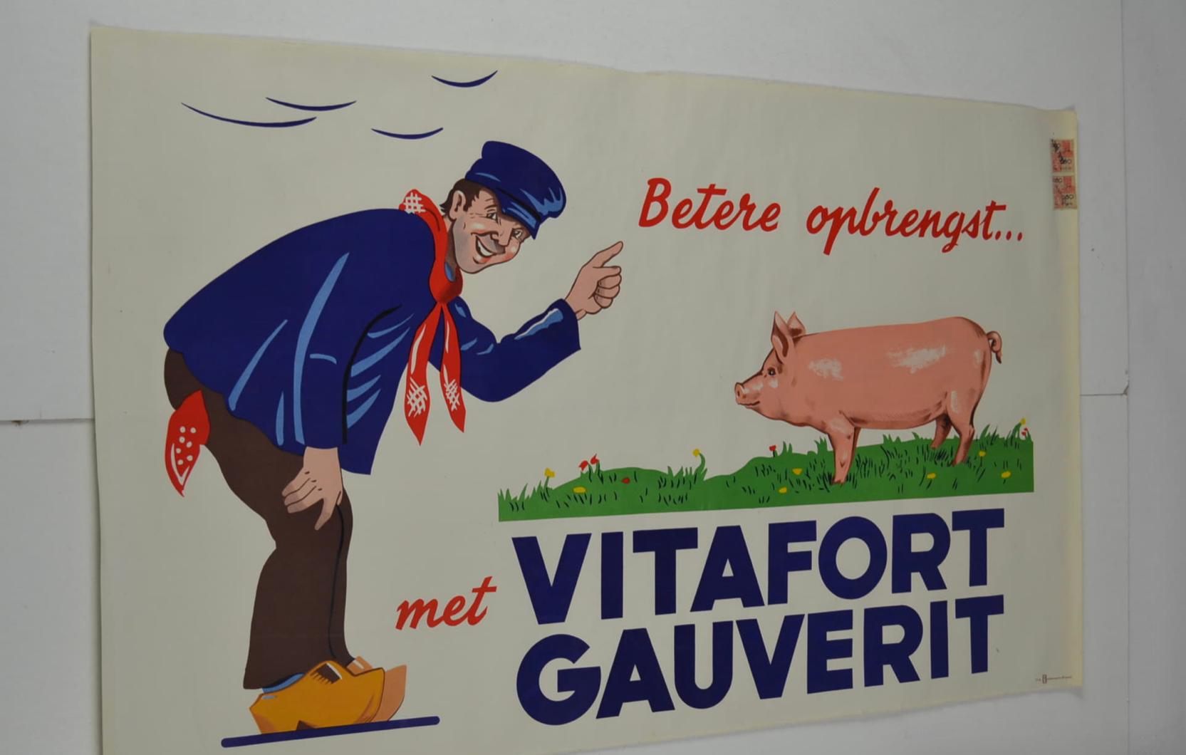 Litho-Poster mit Bauern und Schwein, 1950er-Jahre im Zustand „Gut“ im Angebot in Antwerp, BE