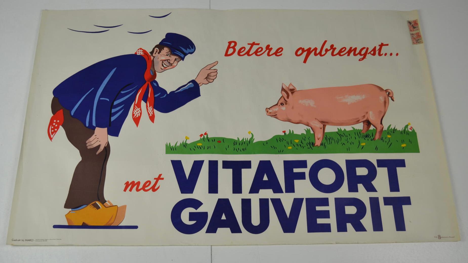 Litho-Poster mit Bauern und Schwein, 1950er-Jahre im Angebot 2