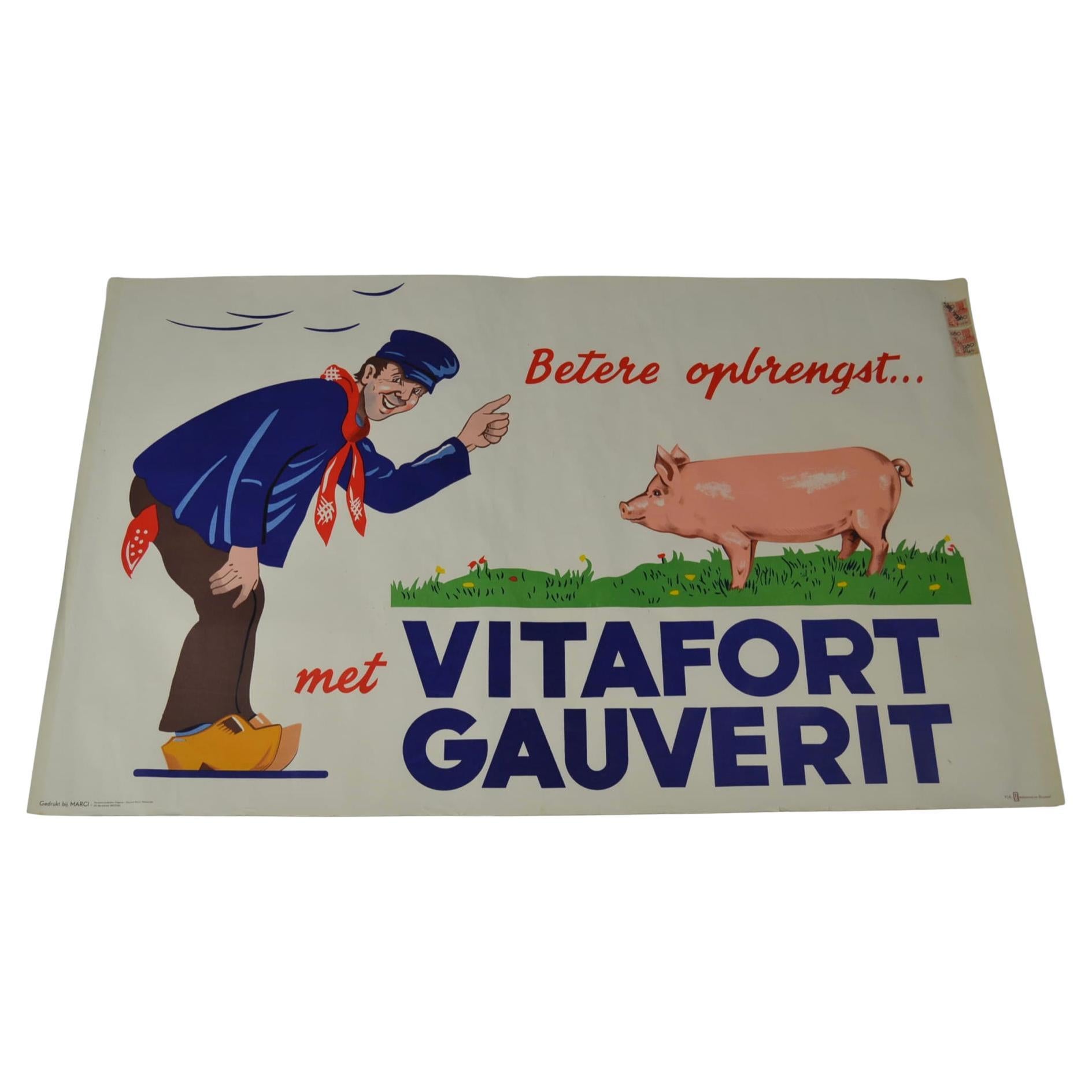 Litho Poster with farmer and pig, 1950s For Sale