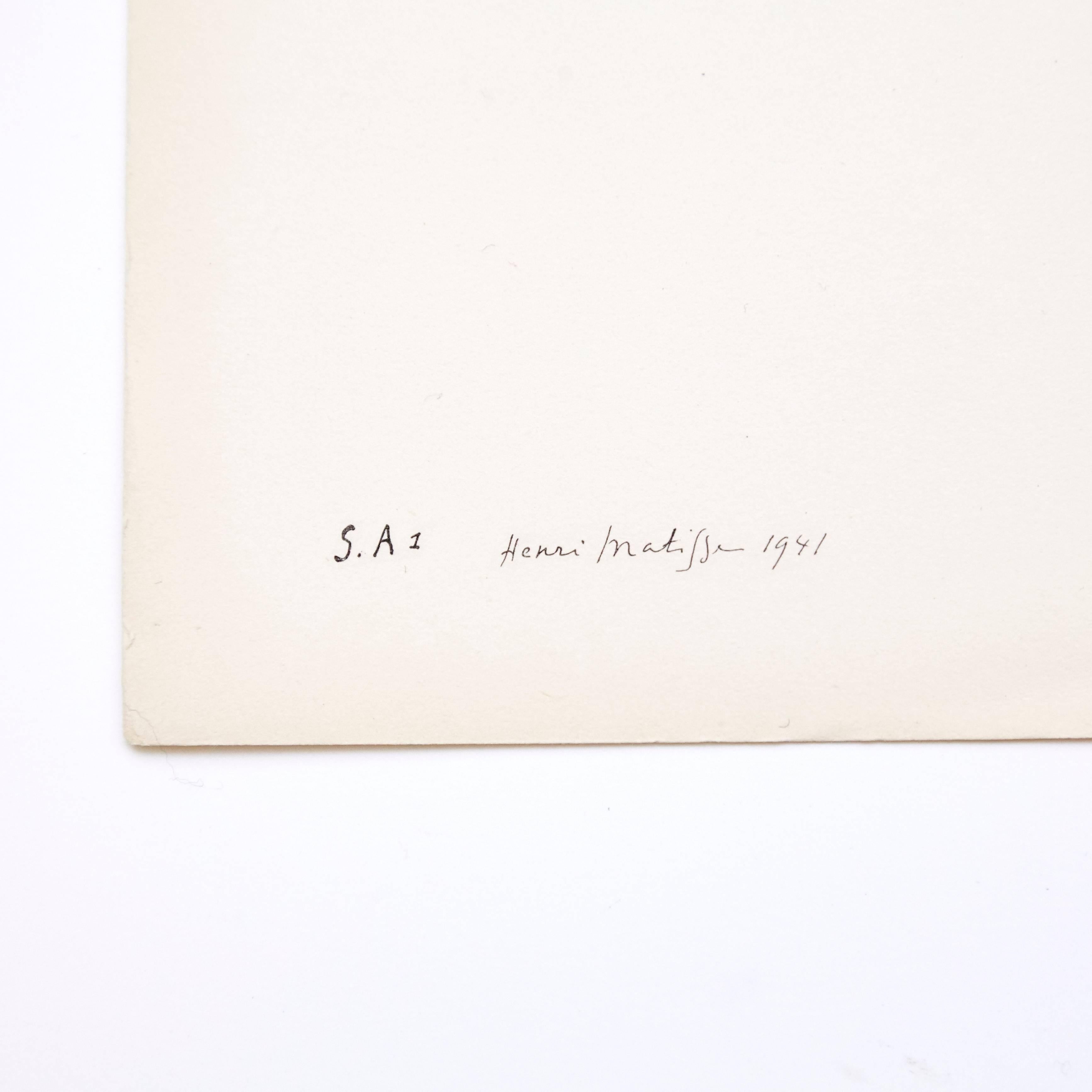 Lithograph after original Matisse drawing
Edited in 1941.

In good original condition.

Henri Matisse (1869-1954) was a French artist, known for both his use of color and his fluid and original draughtsmanship. He was a draughtsman, printmaker,