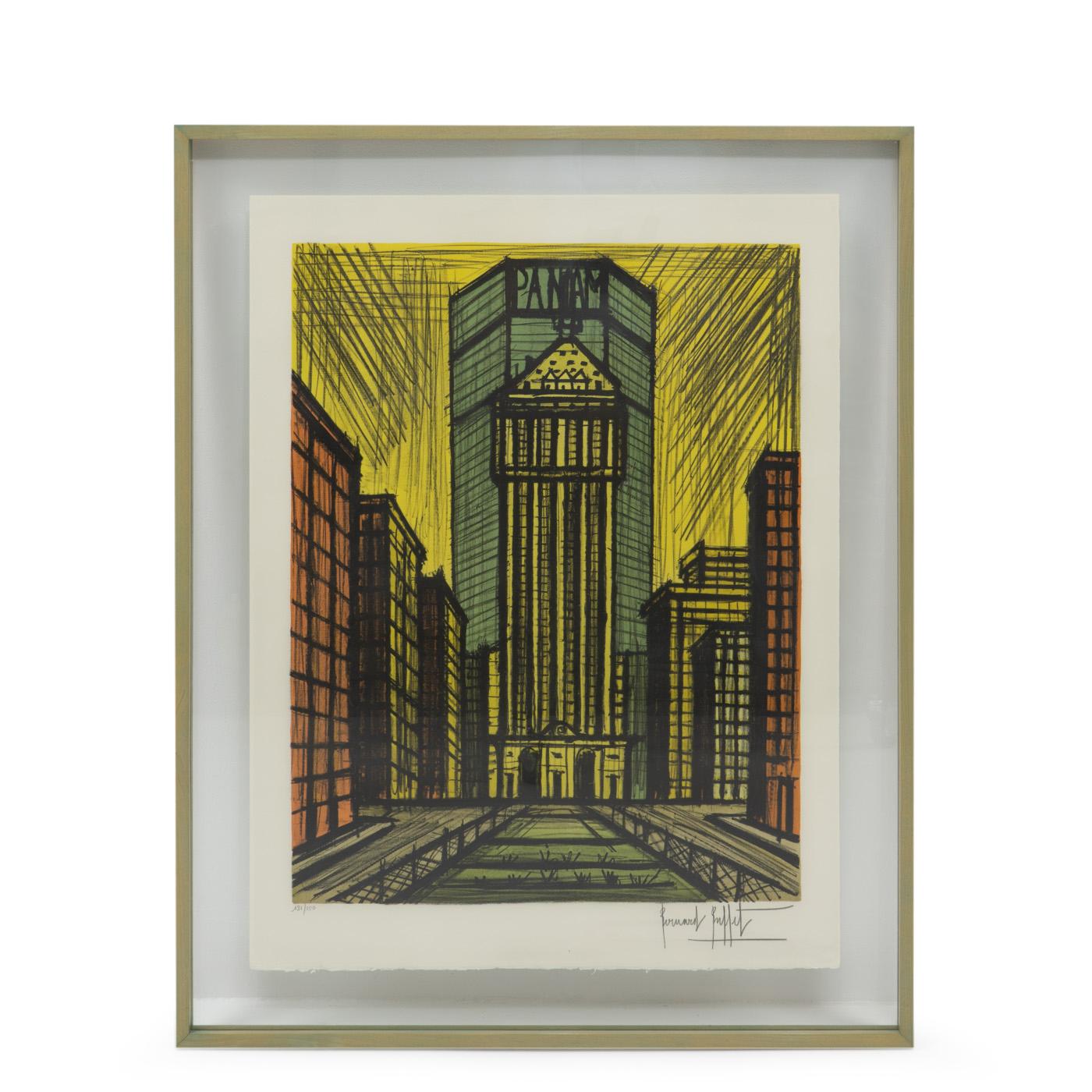 Mid-Century Modern Lithograph by Bernard Buffet “Panam” New York Landmark Building, Signed, 1980s For Sale