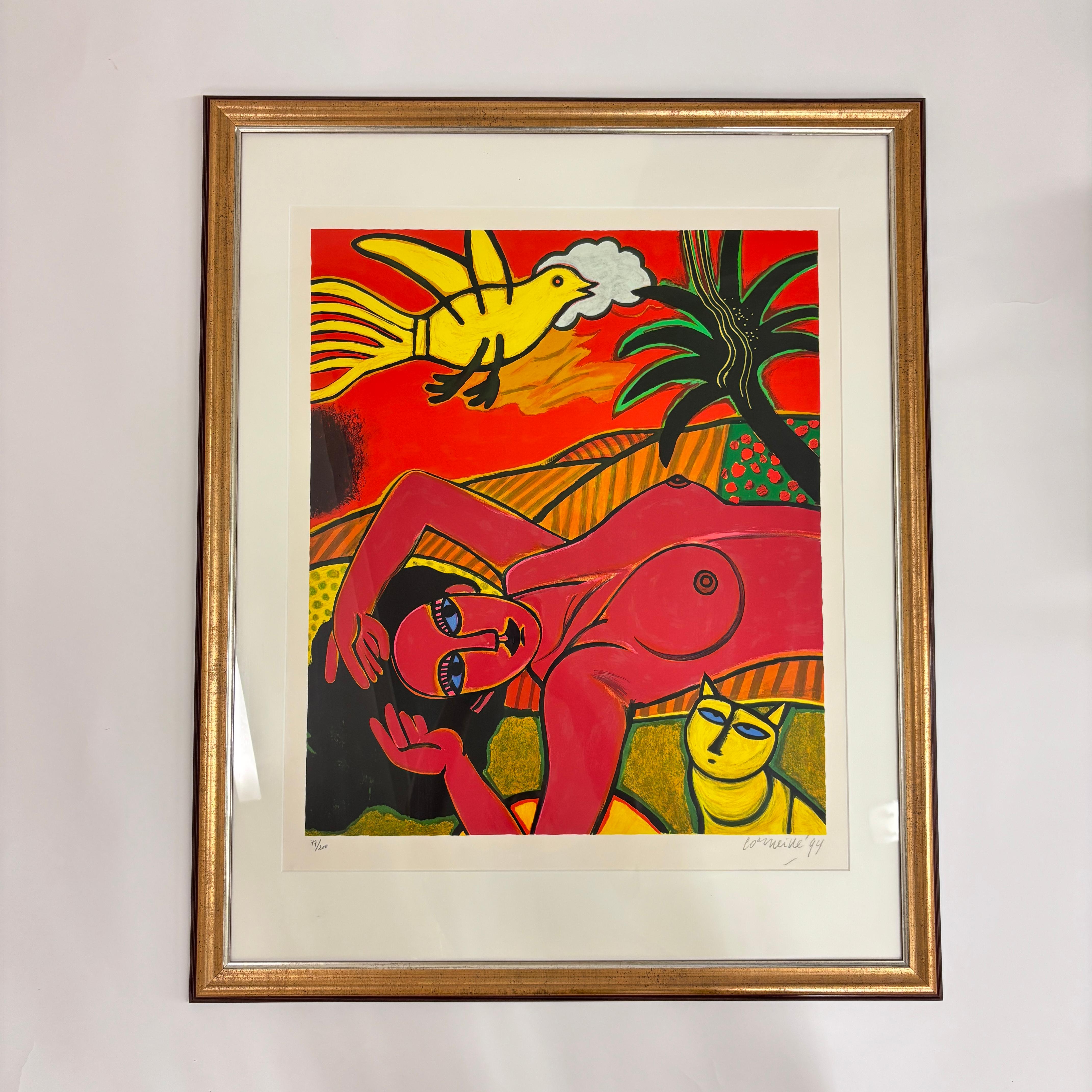 Grande lithographie originale en couleurs du peintre Guillaume Cornelis van Beverloo (1922-2010). Né à Liège de parents néerlandais, plus connu sous le nom de Corneille, est l'un des fondateurs du mouvement Cobra. 

 