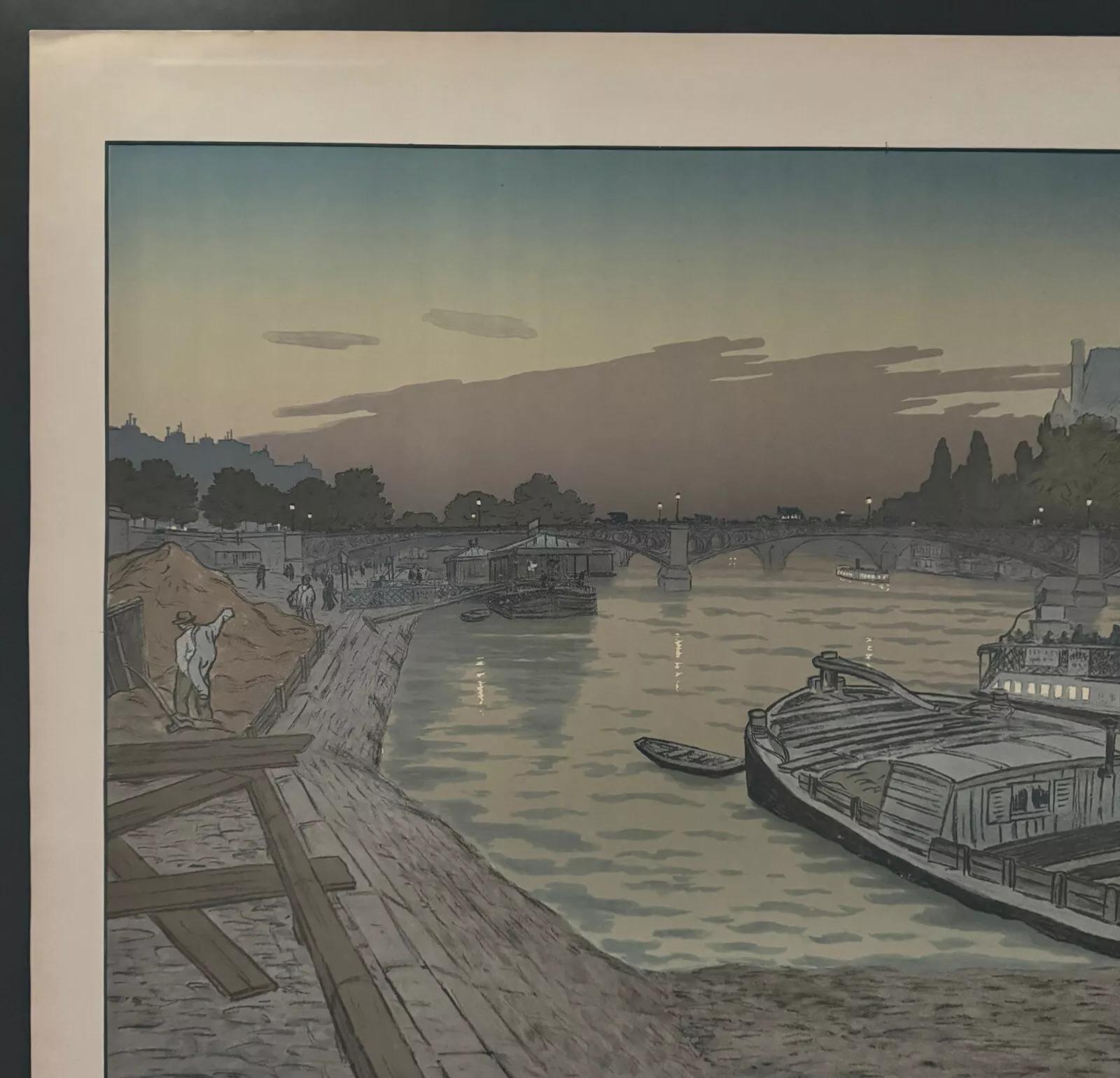 Lithographie von Henri Riviere Die Brücke von Saints-Pères und der Louvre (Französisch) im Angebot