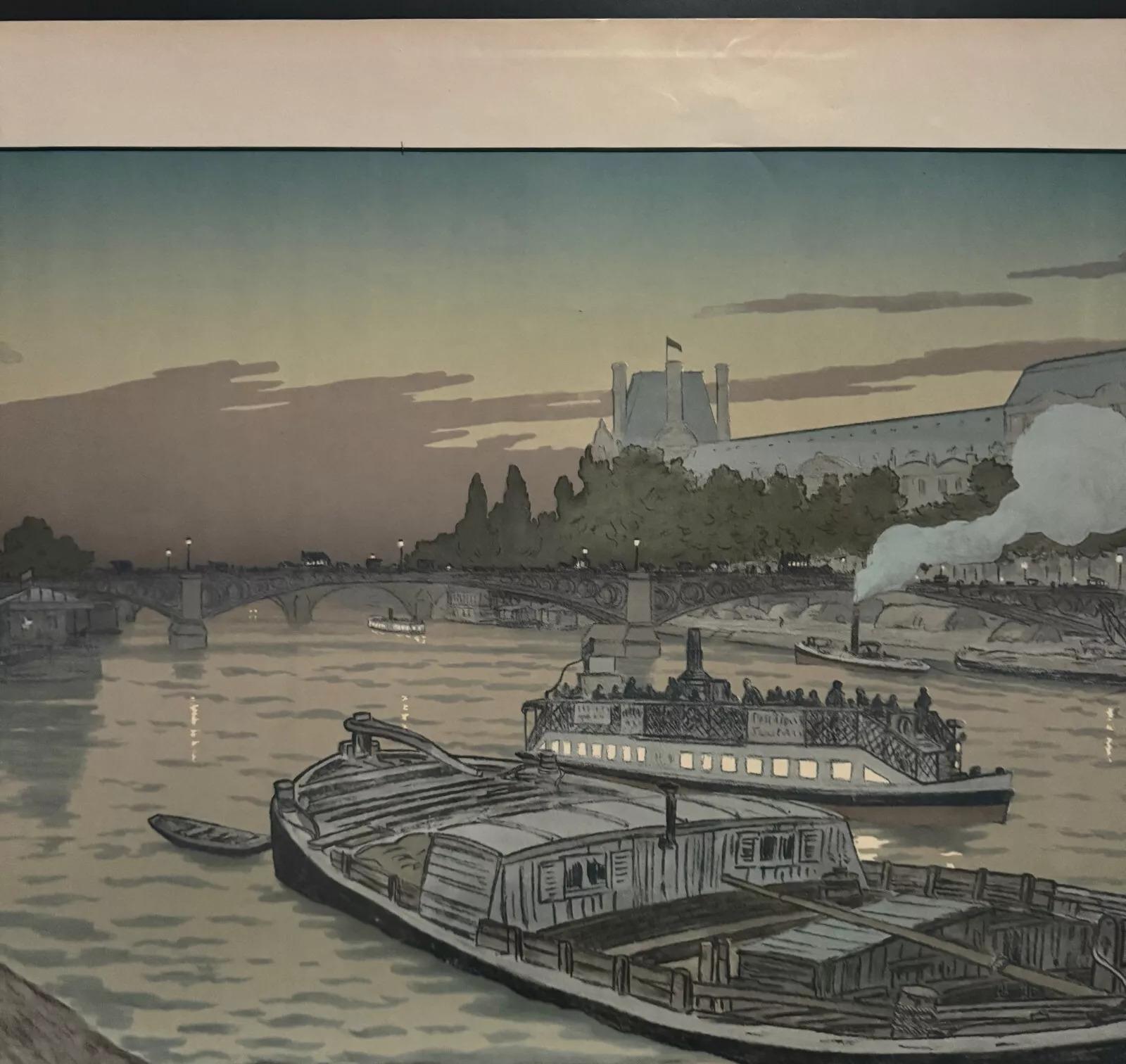 Lithographie von Henri Riviere Die Brücke von Saints-Pères und der Louvre im Zustand „Gut“ im Angebot in NANTES, FR