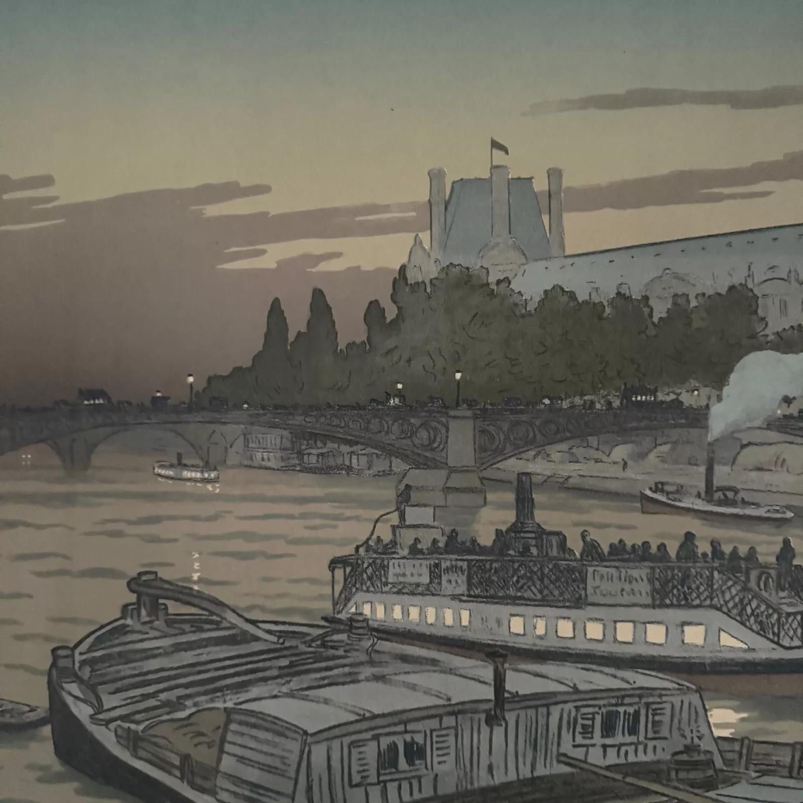 Lithographie von Henri Riviere Die Brücke von Saints-Pères und der Louvre (Papier) im Angebot