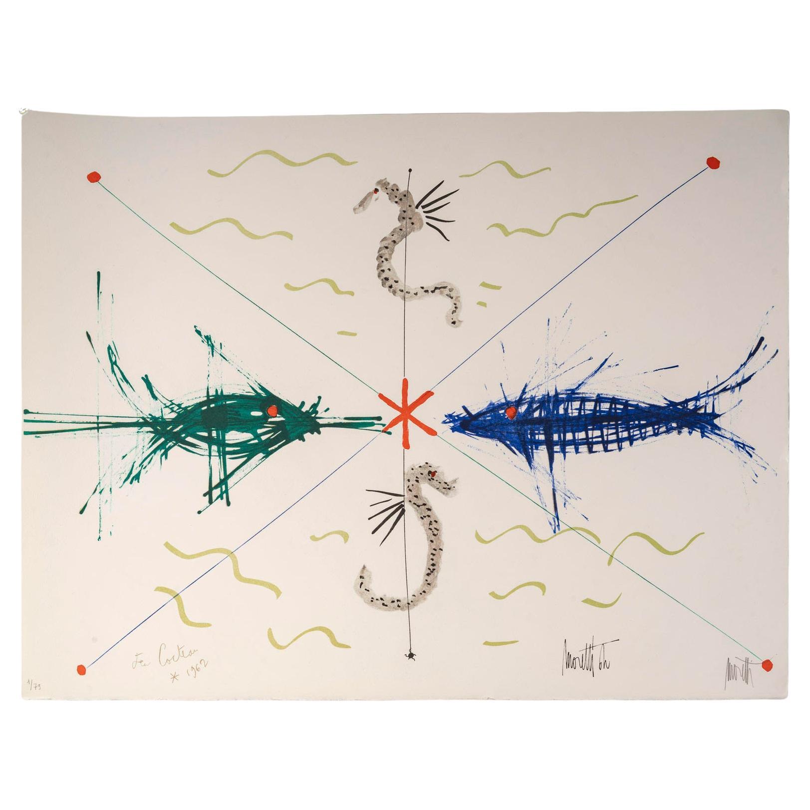 Lithographie von Jean Cocteau, Poissons Face to Face, 1960-70.