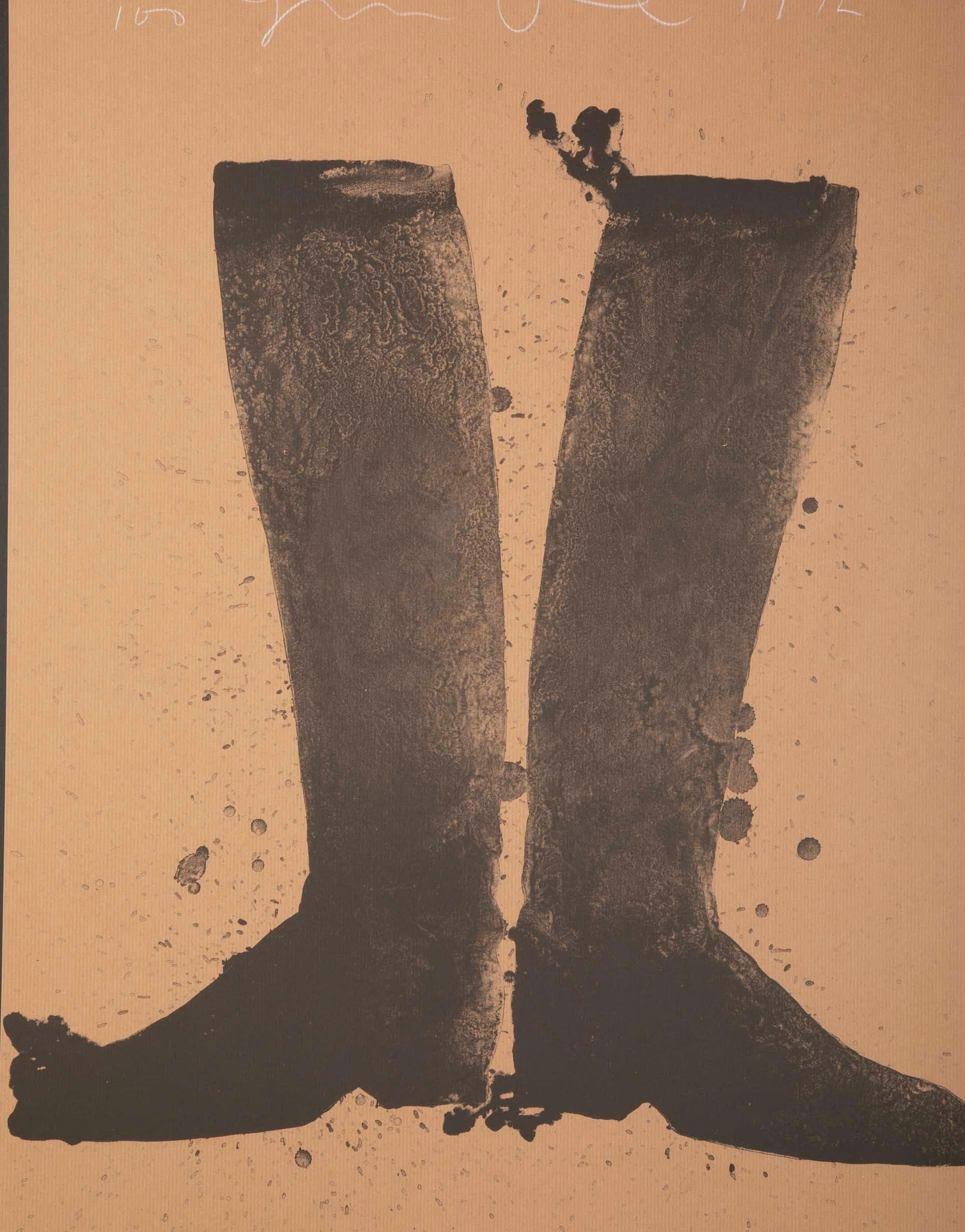 Jim Dine lithograph of a pair of boots; numbered 23/100. Signed and dated 1972. Framed using archival materials.