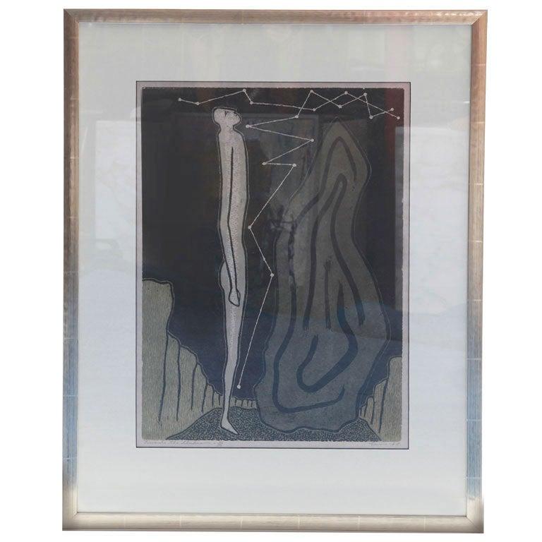 Mid-Century Modern Lithograph by Lewis in Black, Gray & Taupe Titled towards the Unknown, 1965
