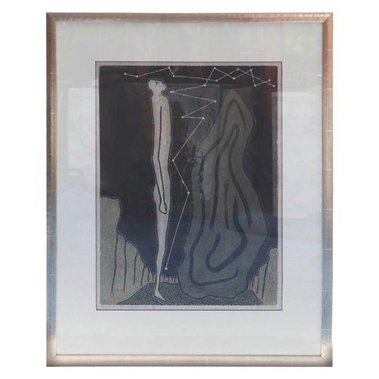 Lithograph by Lewis in Black, Gray & Taupe Titled towards the Unknown, 1965