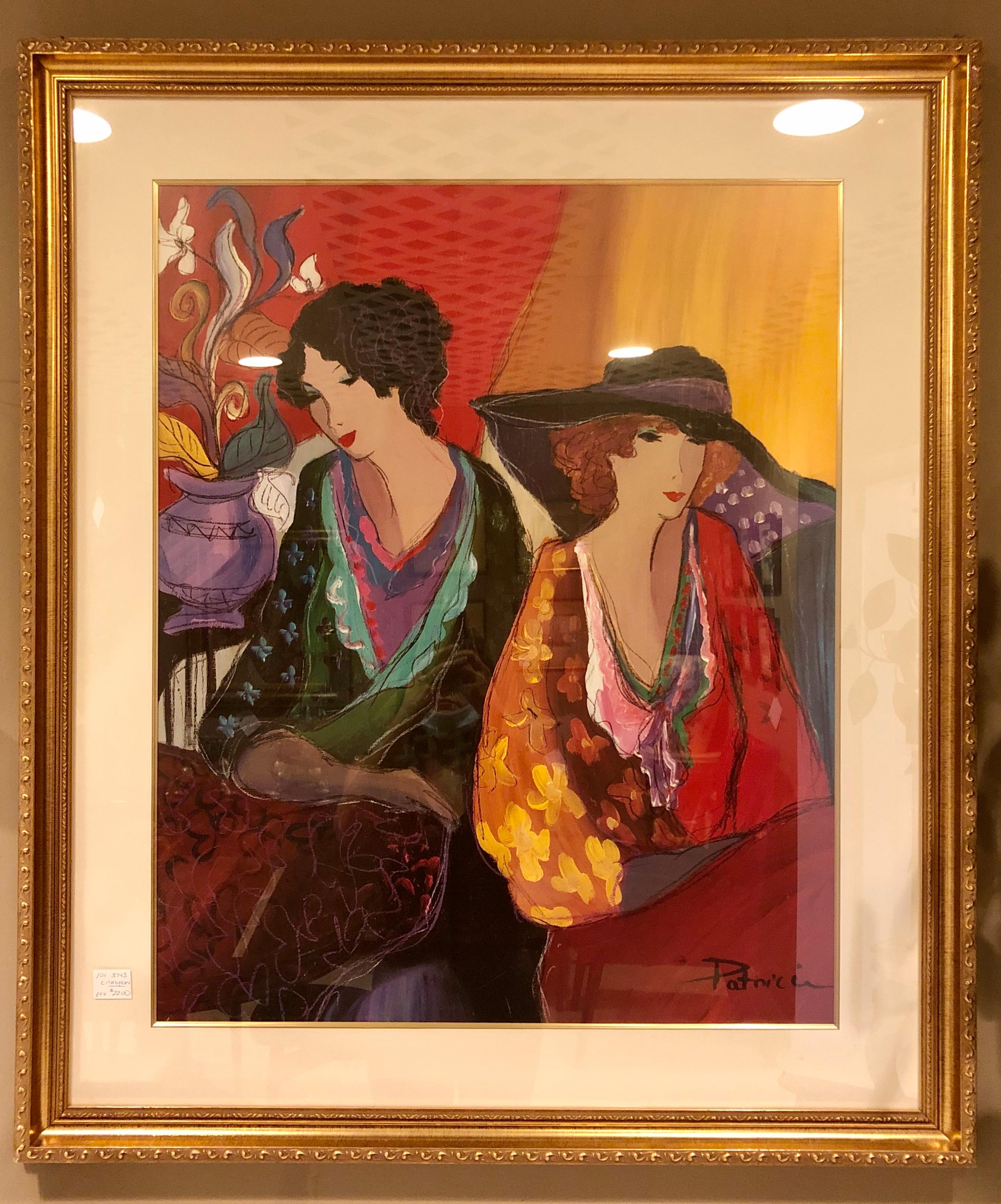 Art Déco Litografia di Patricia Govezensky di due donne dorate con cornice firmata in vendita