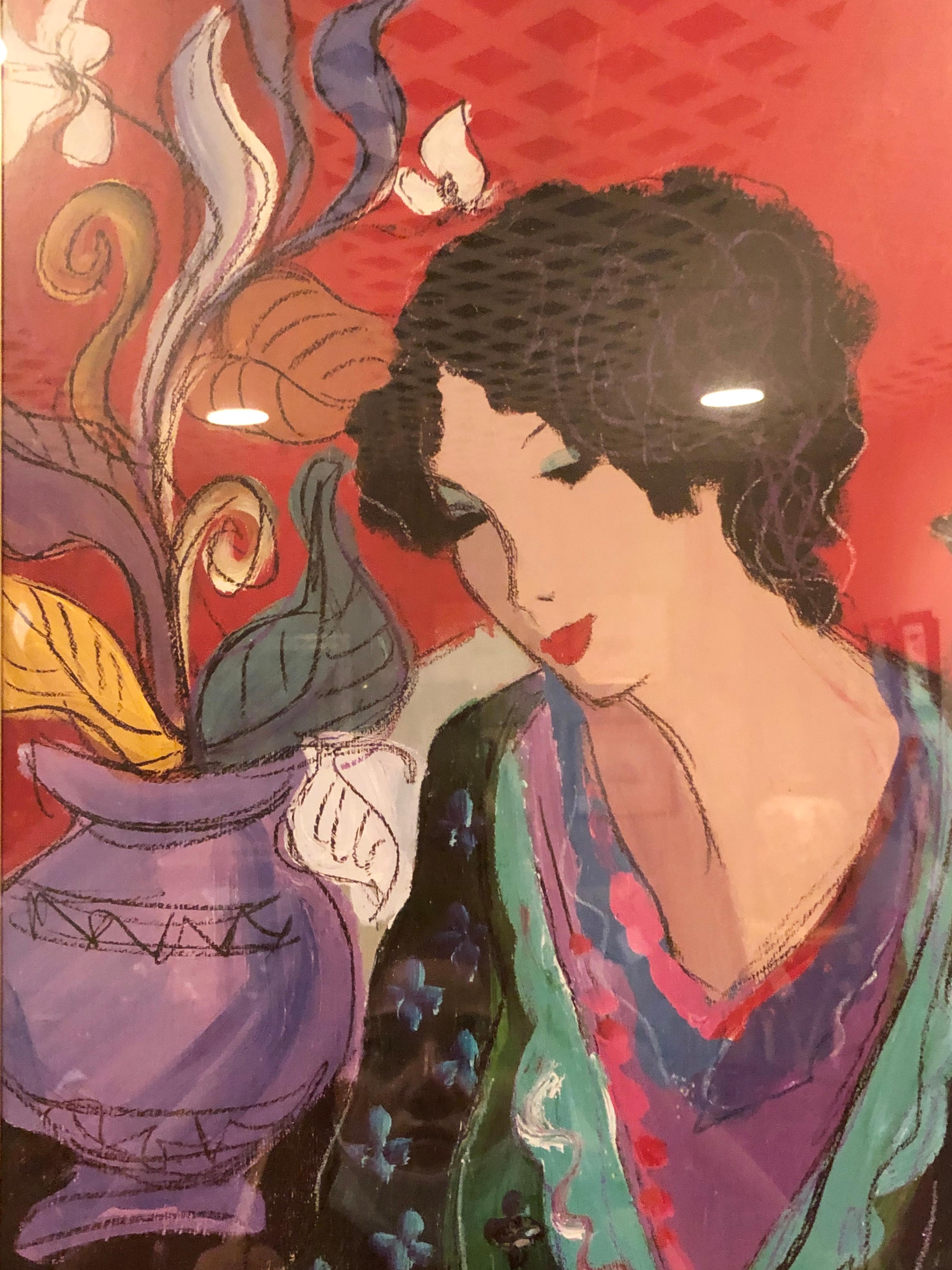 20ième siècle Lithographie de Patricia Govezensky de deux femmes dorée encadrée et signée en vente