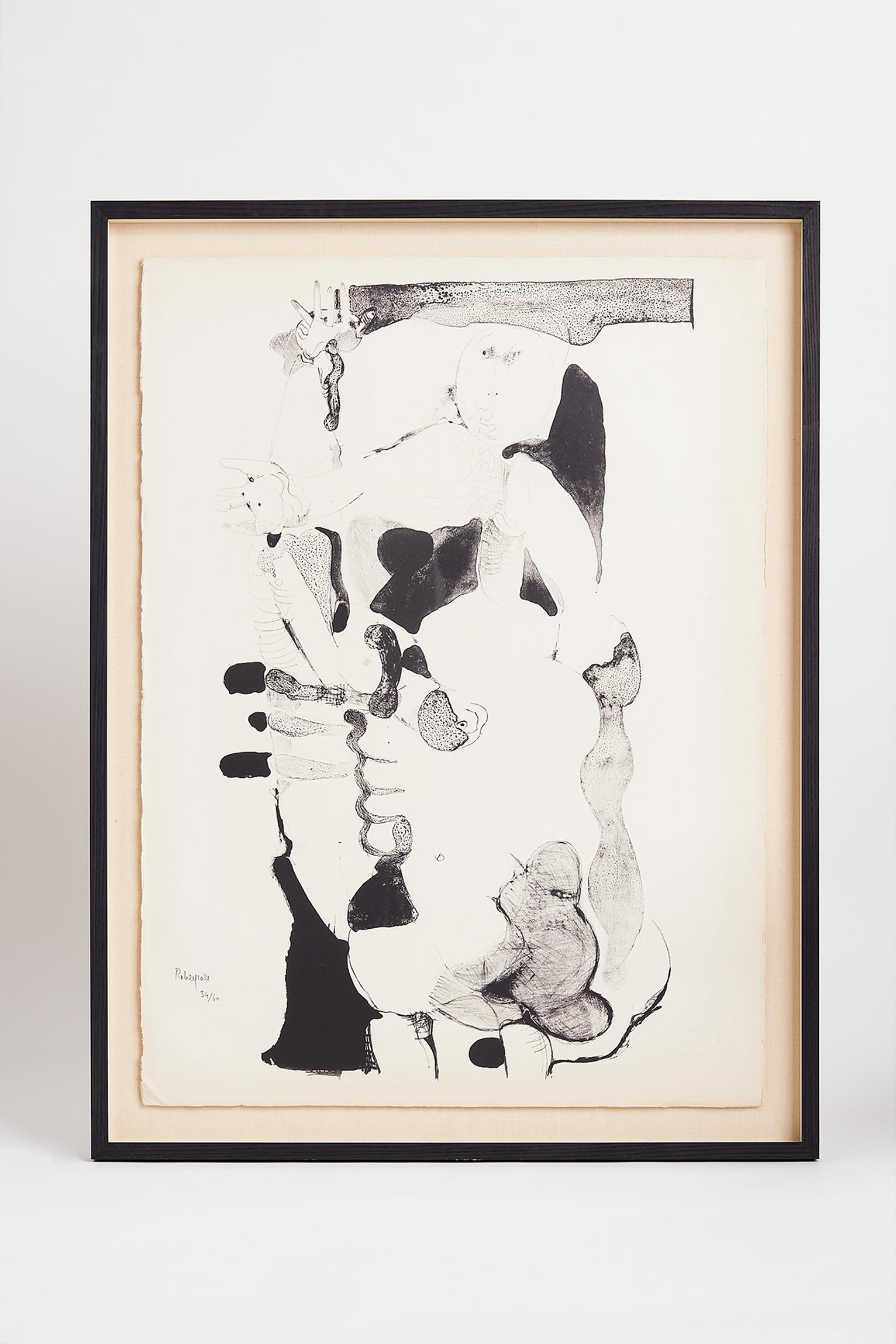 Paul Rebeyrolle (French, 1926-2005),
circa 1960.
Black and white lithograph, on velum paper. 
Floating in a new linen and stained oak frame.
