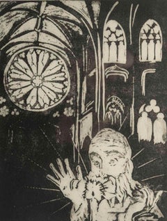 Lithograph, Church Interior, 1/2, Signed Ev Bouteil.