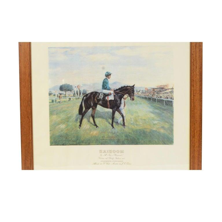 Lithograph on paper made in the 1990s by the Salomone typography in Rome from a painting depicting Zaizoom winner of the 1987 Italian Derby, ridden by J. T Quinn. With frame 66.5x61 cm, frame thickness 1.5 cm. Very good condition.
The 