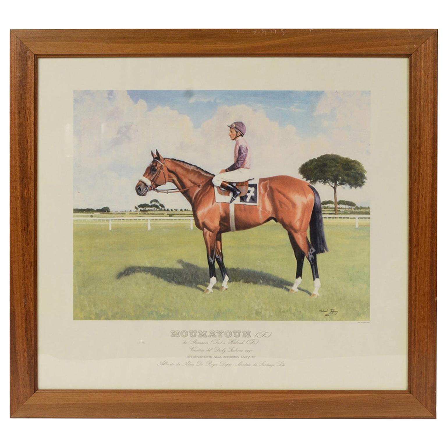 Lithographie, die den Pferdegewinner des italienischen Derbys von 1990 darstellt