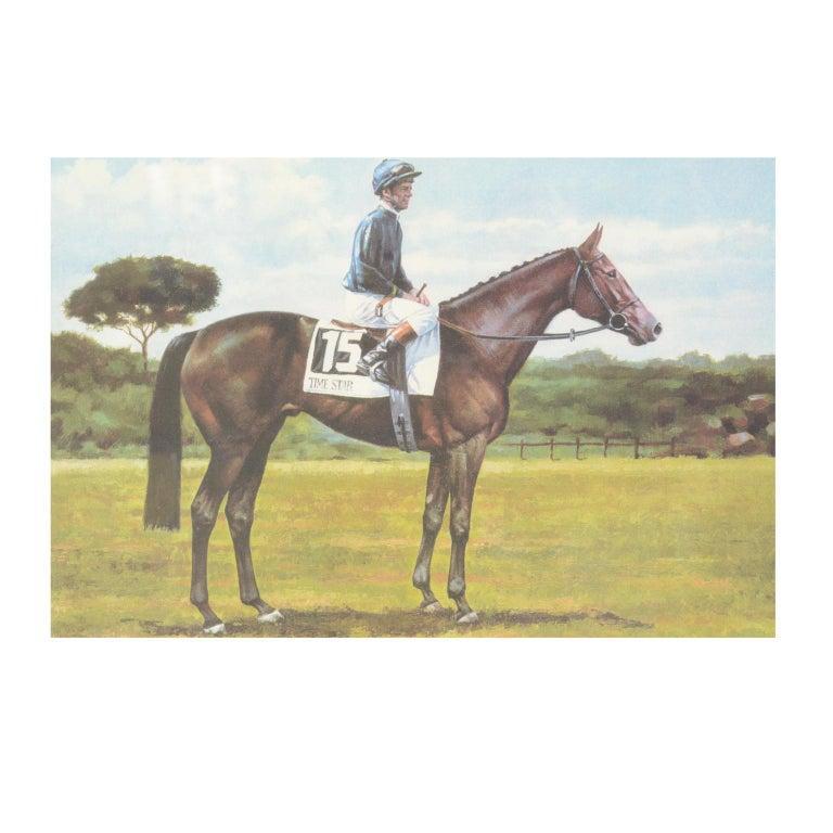 Lithograph on paper made in the 1990s by the Ludovici typography in Rome from a painting depicting Time Star winner of the 1994 Italian Derby, mounted by Richard Quinn. With frame 66.5 x 61 cm, frame thickness 1.5 cm. Very good condition.
The