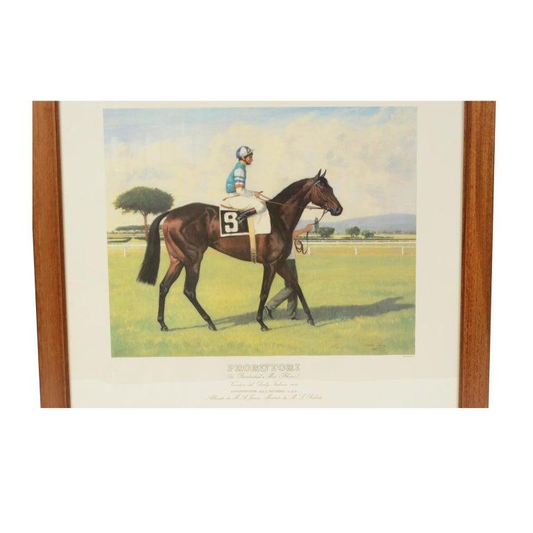 Lithograph on paper made in the 1990s by the Salomone typography in Rome from a painting depicting Prorutori winner of the 1989 Italian Derby, ridden by M.L. Roberts. With frame 66.5x61 cm, frame thickness 1.5 cm. Very good condition.
The 