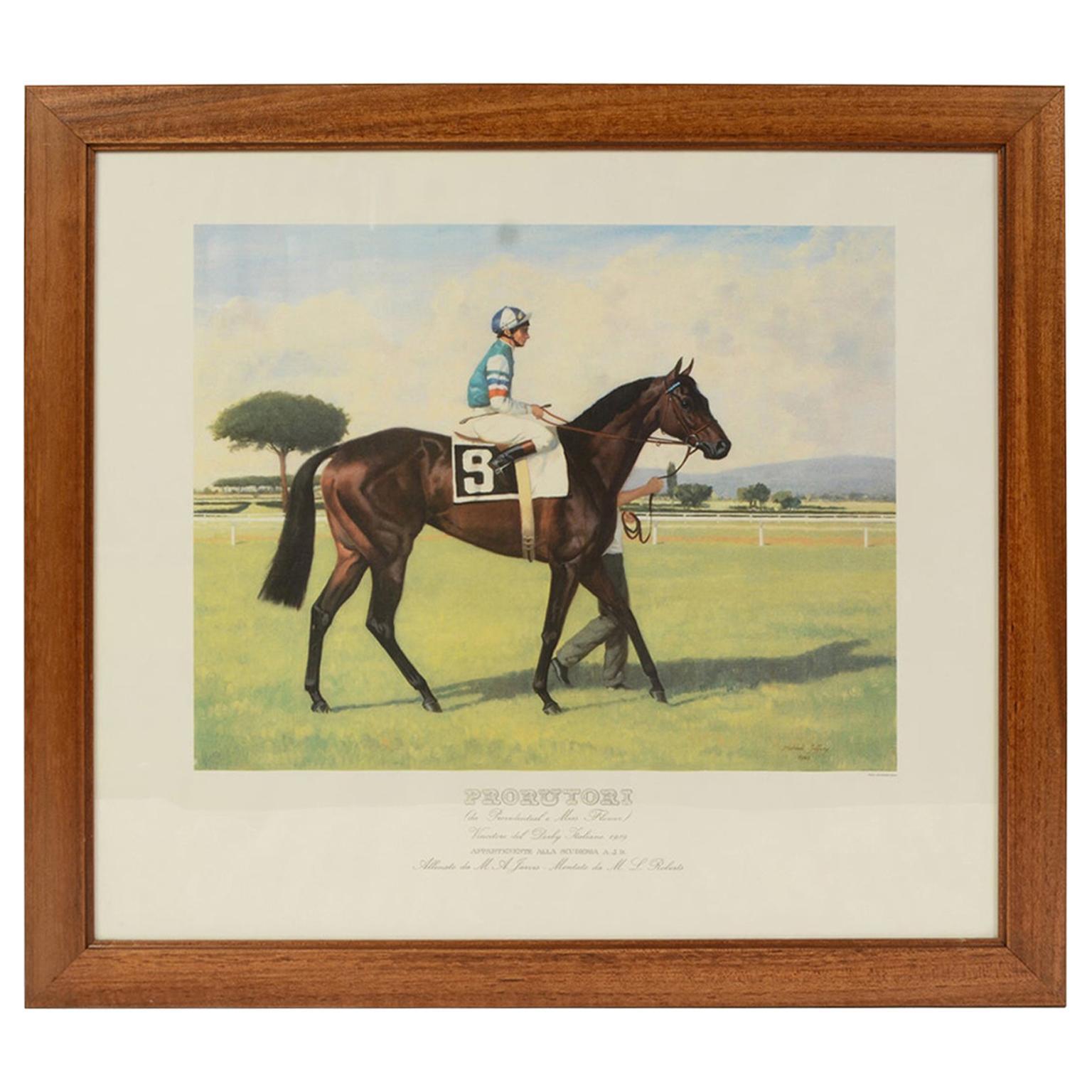 Lithographie représentant le gagnant du Derby italien à cheval en 1989 en vente