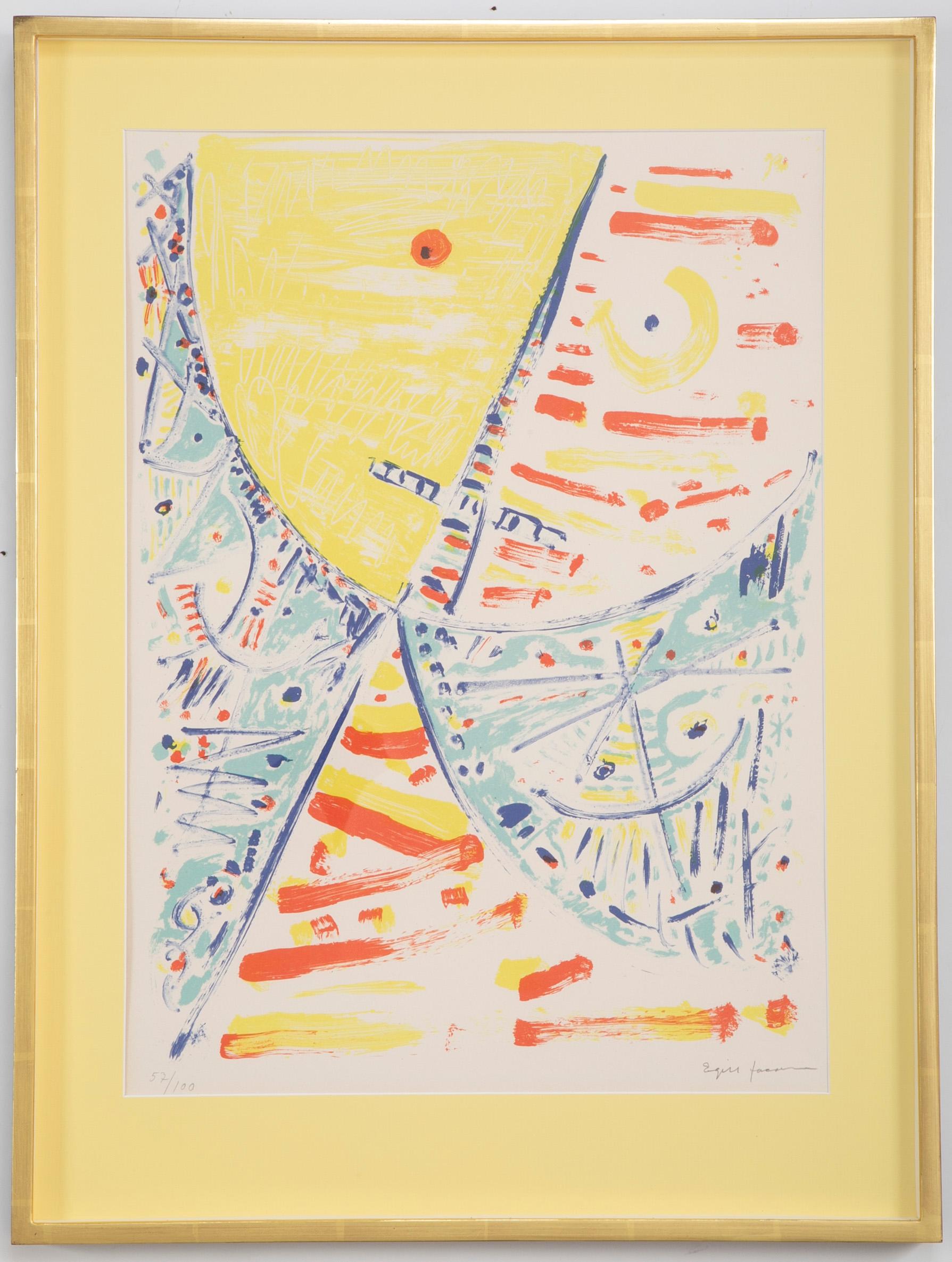 Lithographie en couleurs Composition 57/100 par Egill Jacobsen (danois. 1918 - 1998). Signé en bas à droite. Encadré avec des matériaux sans acide, du plexiglas de protection contre les UV dans des cadres en feuille d'or jaune 22 carats. 

Vue ;