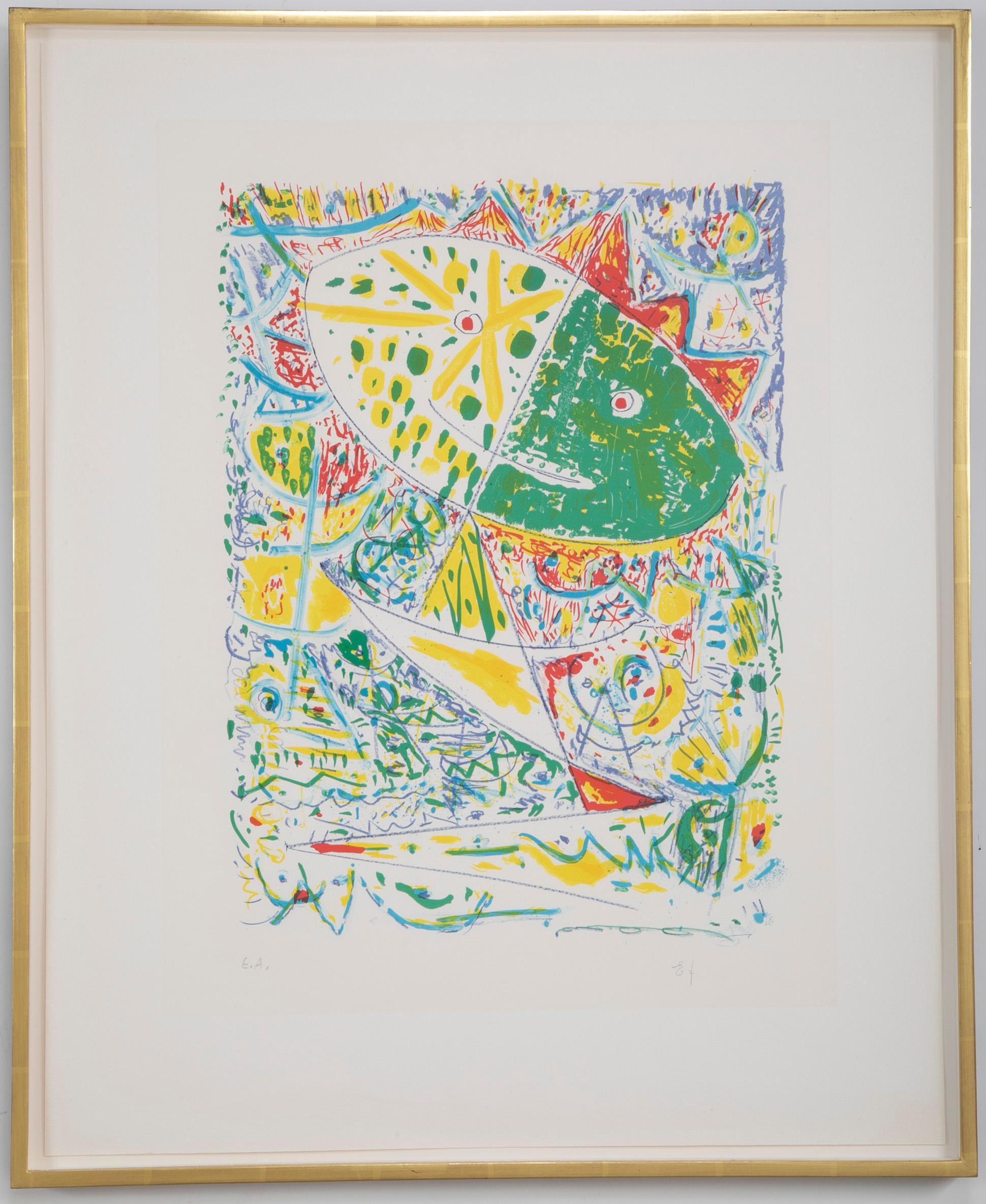 Lithograph in colors composition by Egill Jacobsen (Danish. 1918-1998). Signed EJ, EA. Framed using acid free materials, UV protective plexiglass in 22-karat yellow gold leaf frames.

Measures: Sight: 29.88