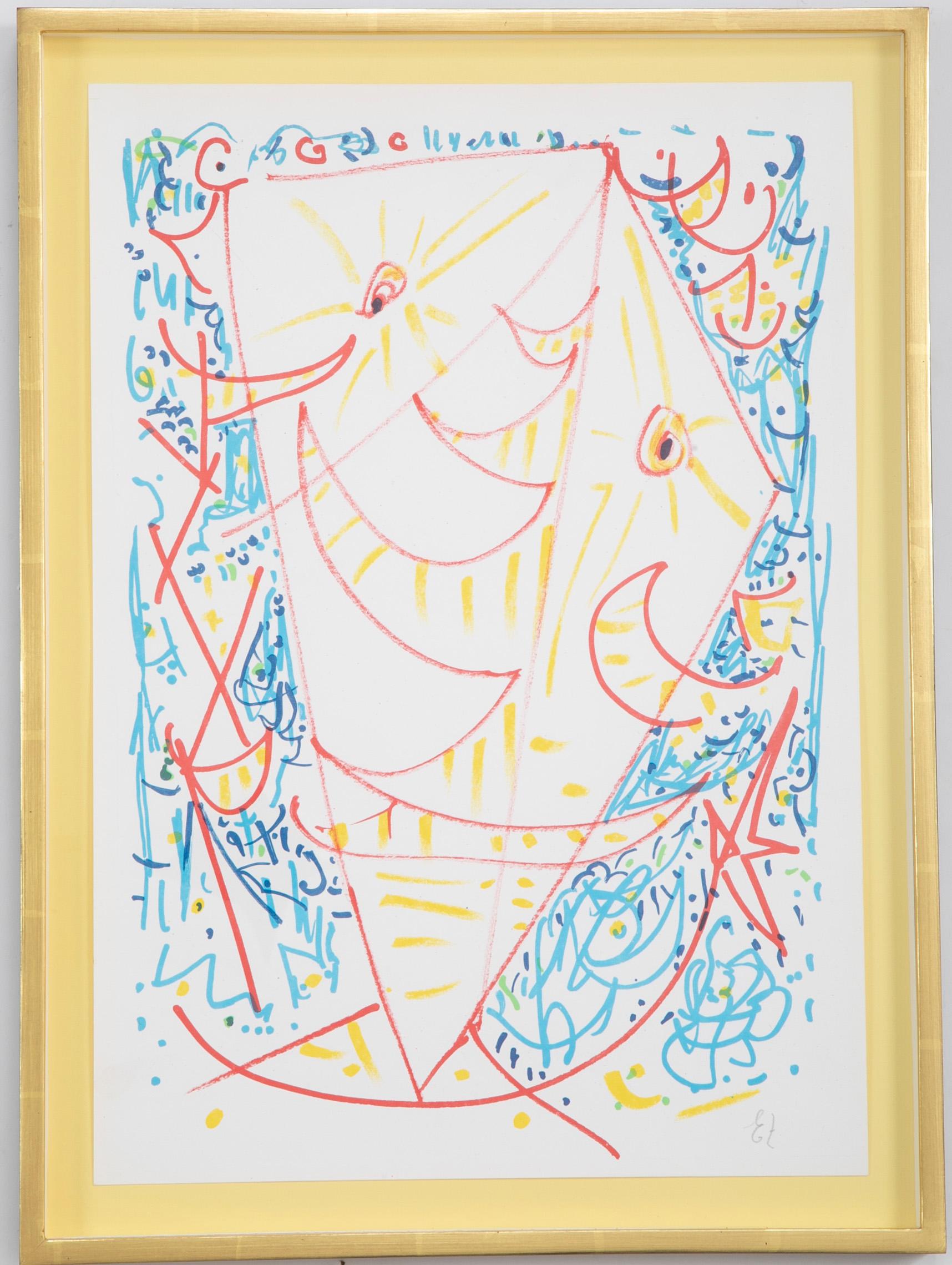 Lithographie en composition de couleurs par Egill Jacobsen ( danois. 1918-1998). Encadré avec des matériaux sans acide, du plexiglas de protection contre les UV dans des cadres en feuille d'or jaune 22 carats.

Taille de la feuille : 19,5