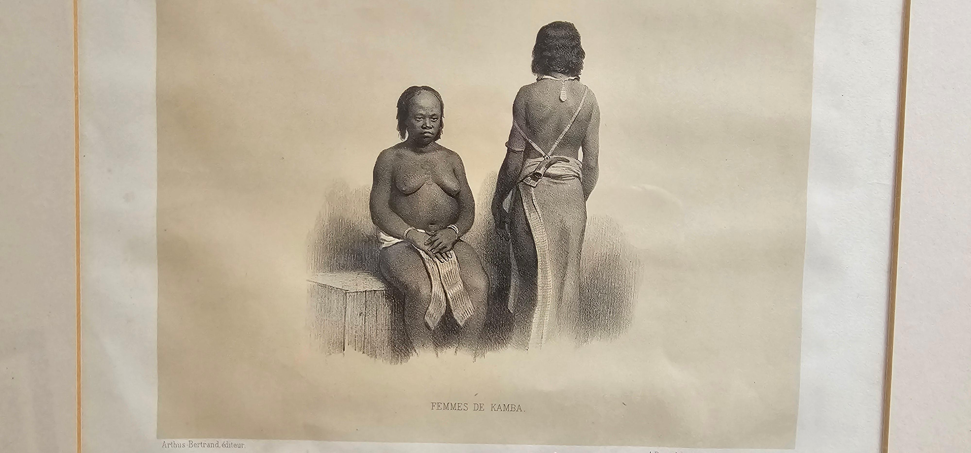 Il s'agit d'une lithographie très rare datant du milieu du 19e siècle. Artiste français représentant deux dames de la tribu Kamba et deux dames de la tribu Chaga. La pièce est dans son état d'origine avec un très beau cadre doré. L'un des premiers
