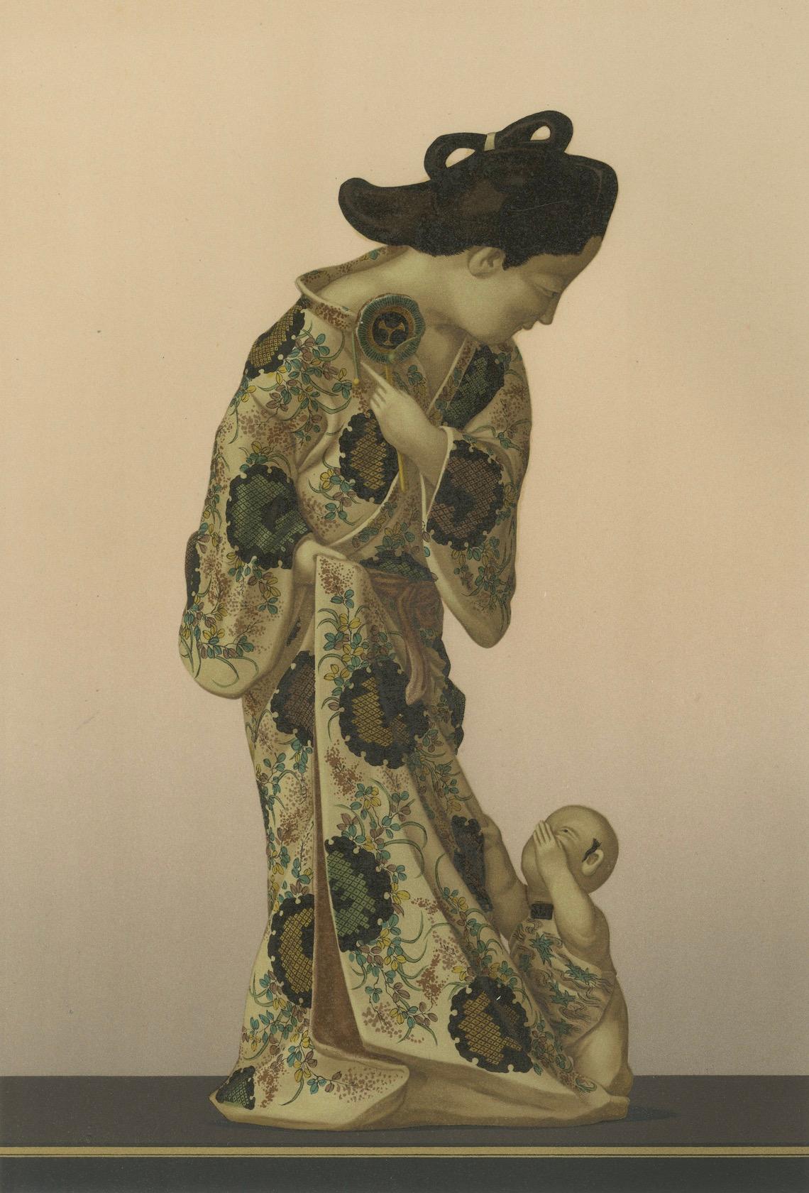 Fine XIX secolo Litografia di una donna giapponese con kimono tradizionale e figurina di bambino, 1884 in vendita